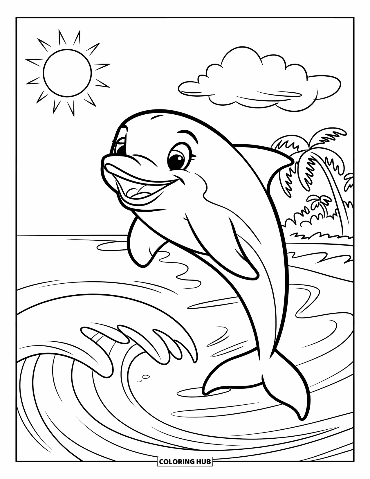 Beach Summer Coloring Page for Kids: A joyful dolphin jumping high above bright summer waves