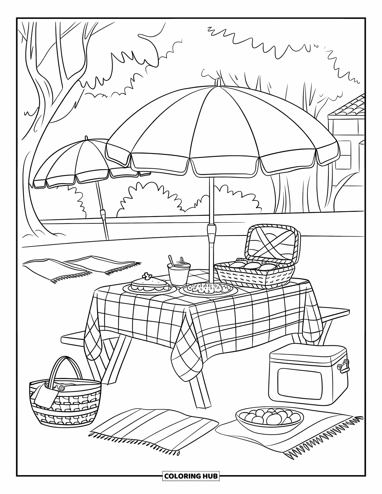 Beach Summer Coloring Page for Kids: A joyful summer picnic with fruit baskets and umbrellas nearby