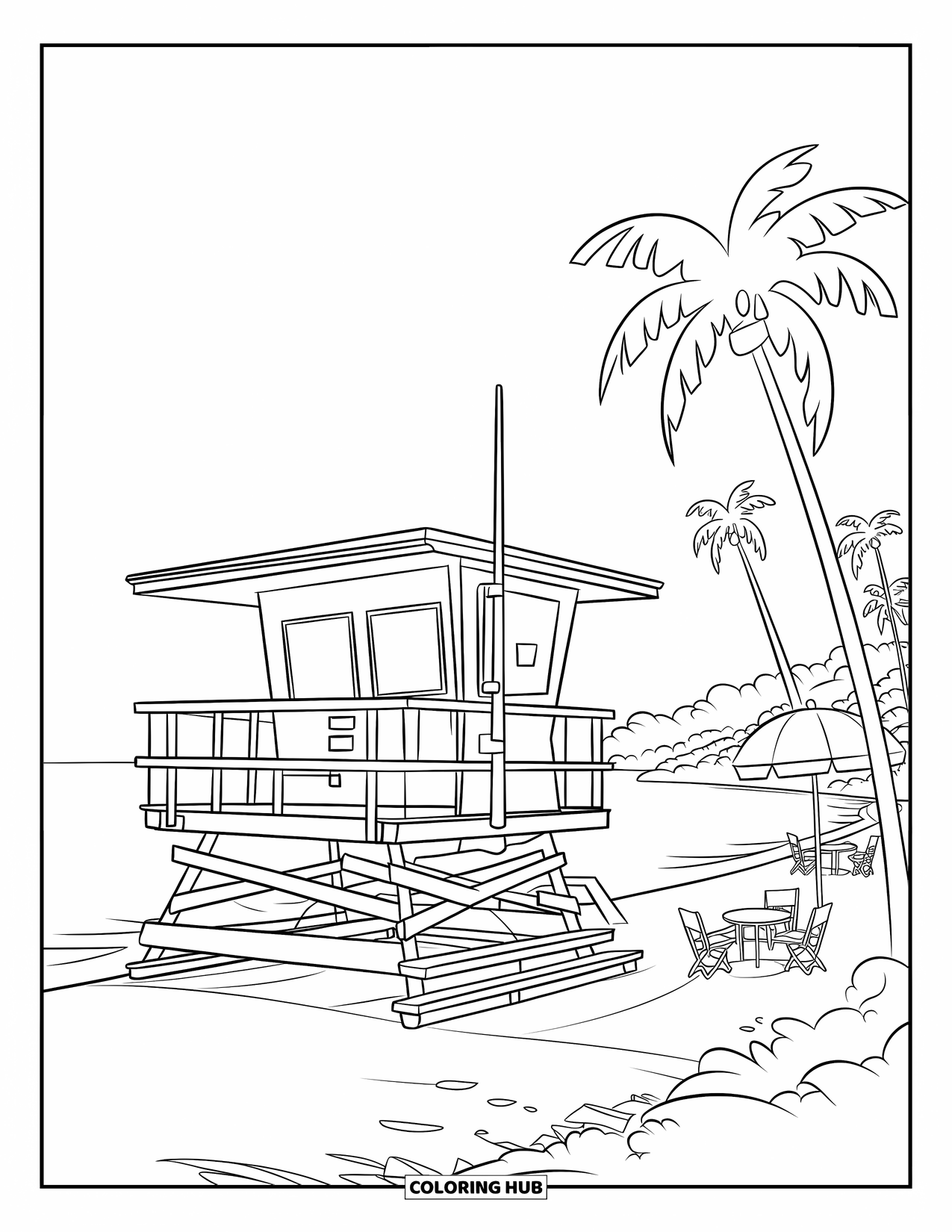 Beach Summer Coloring Page for Kids: A lifeguard tower near the shore with chairs and umbrellas nearby