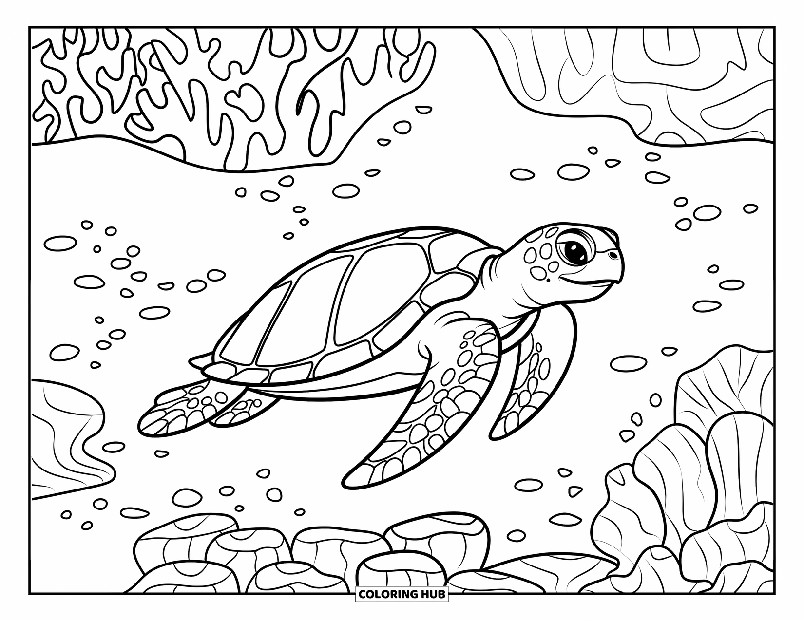 Beach Summer Coloring Page for Kids: A sea turtle swimming peacefully among lively coral reefs