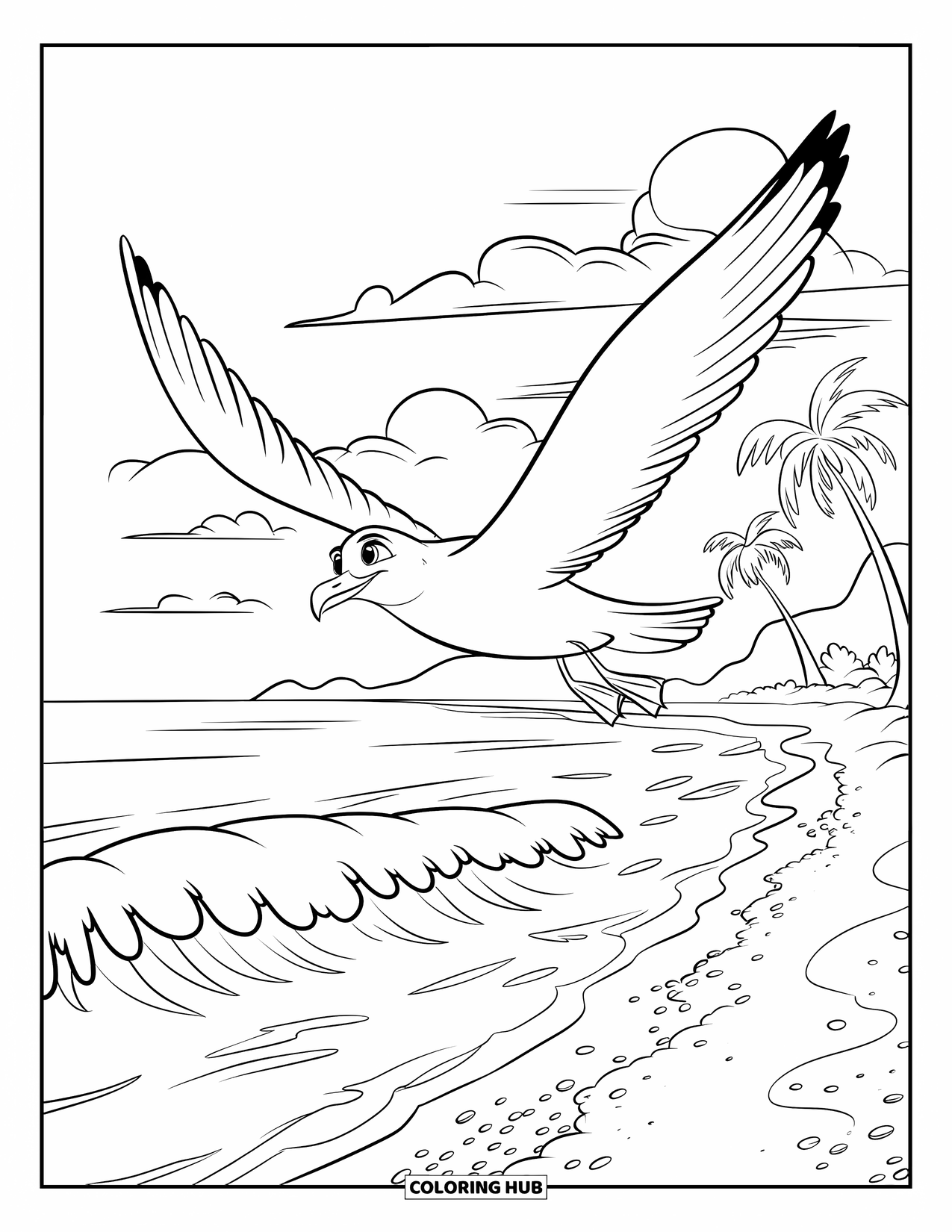 Beach Summer Coloring Page for Kids: A seagull flying high above the waves and palm trees