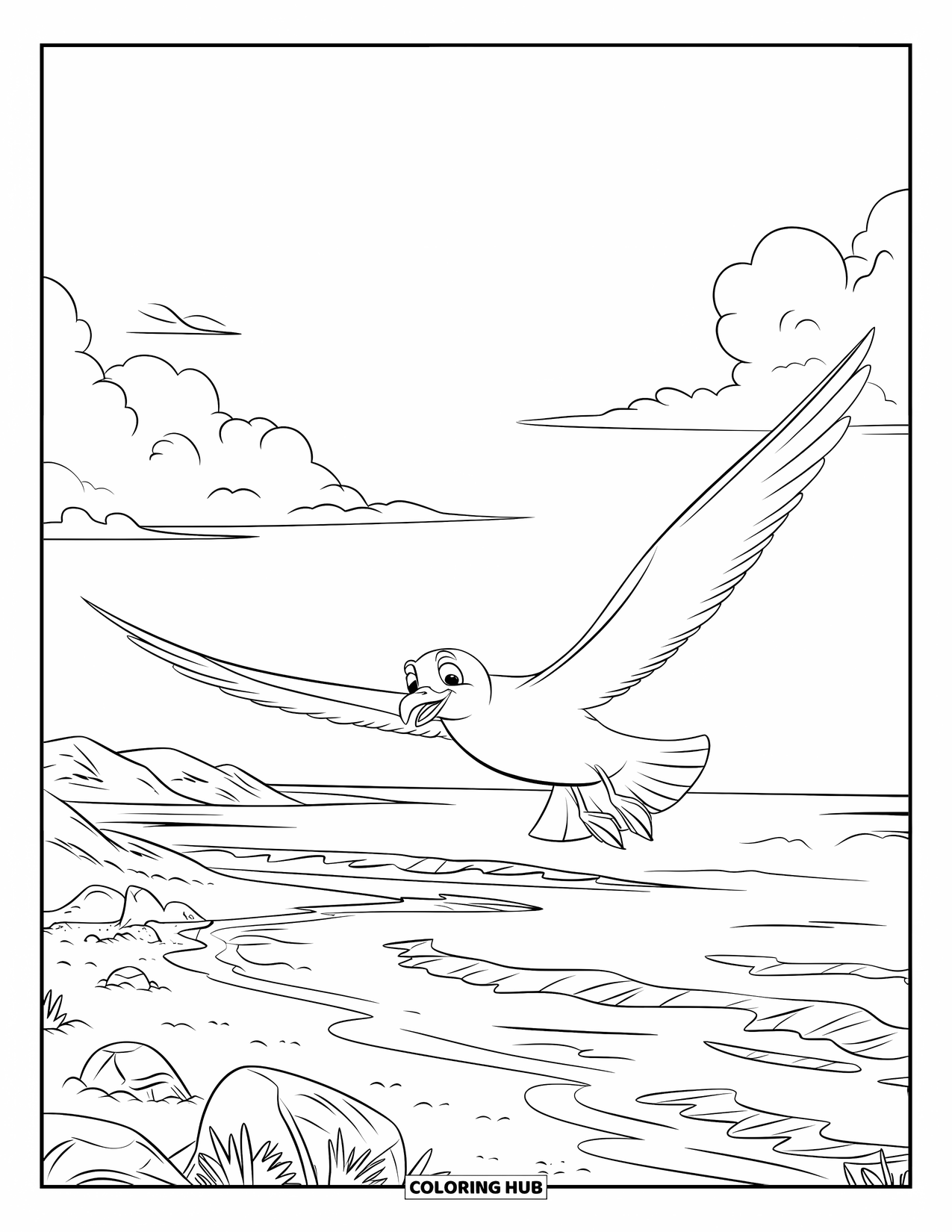Beach Summer Coloring Page for Kids: A seagull gliding over the ocean with fluffy white clouds above