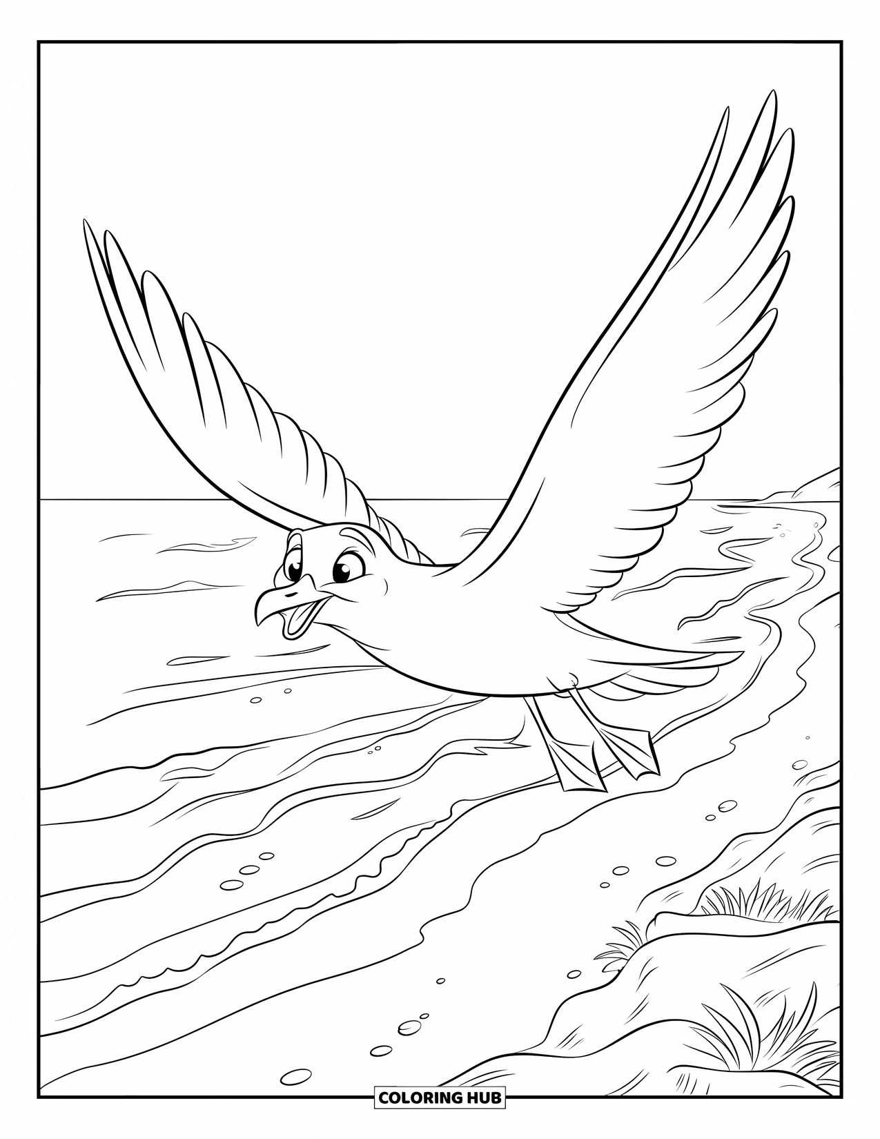 Beach Summer Coloring Page for Kids: A seagull soaring freely over the sparkling ocean waves