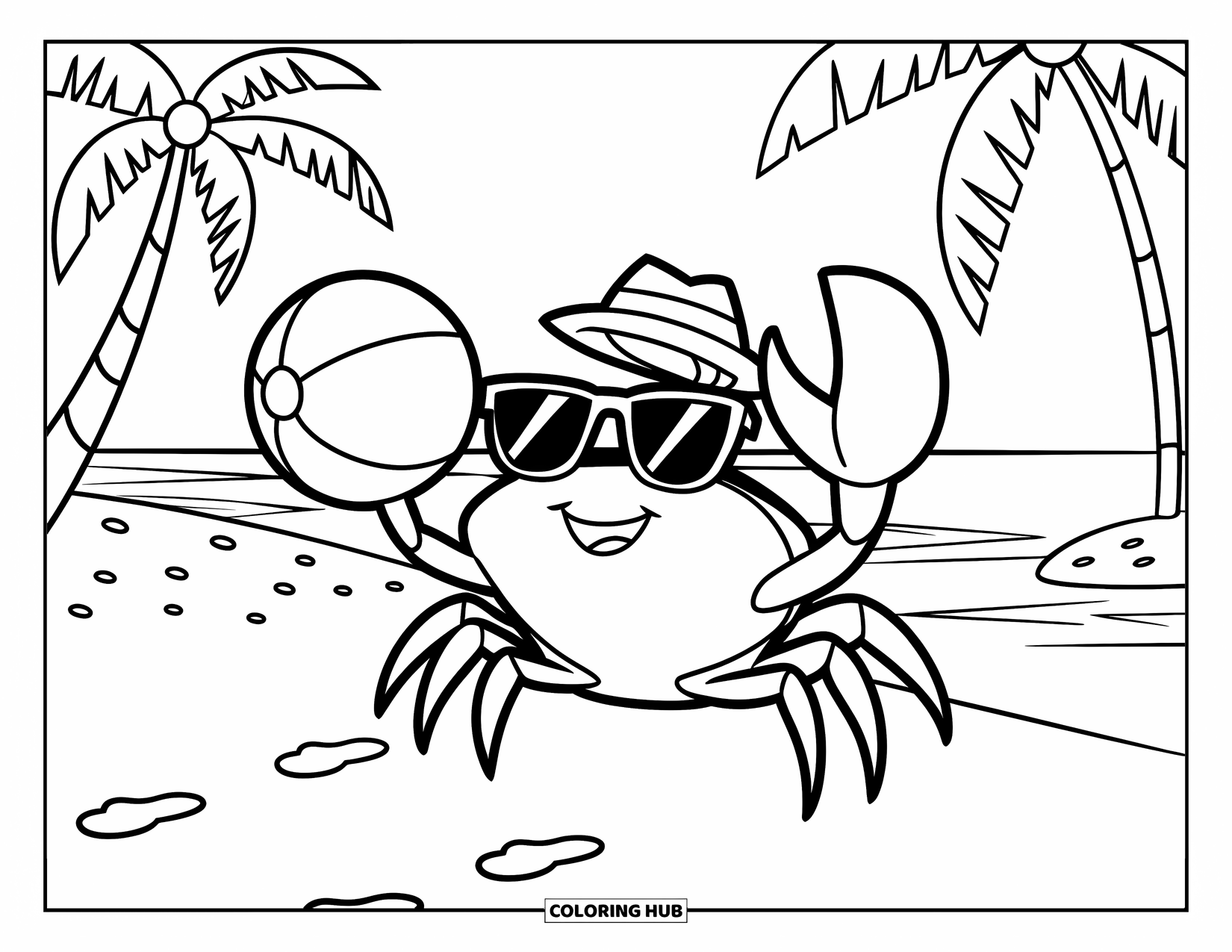 Beach Summer Coloring Page for Kids: A smiling crab holding a beach ball on warm golden sand