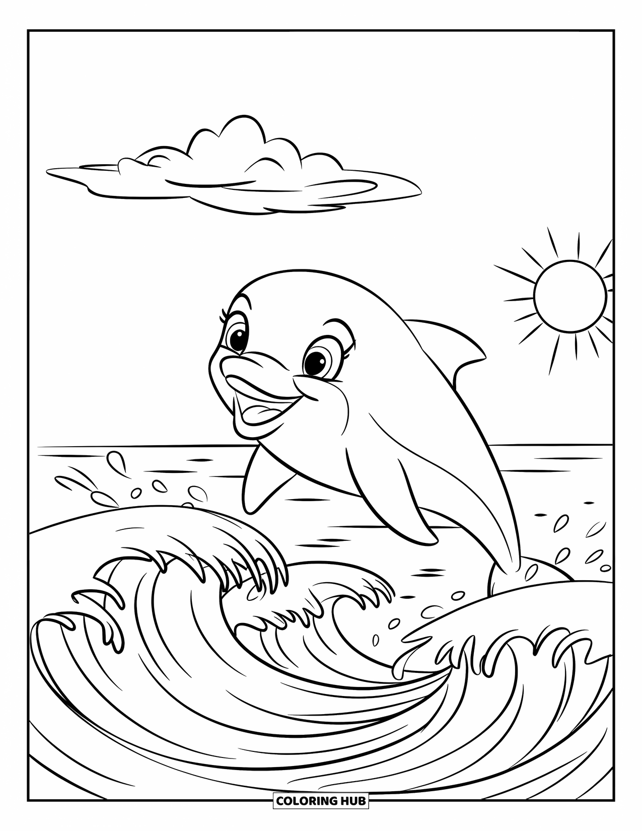 Beach Summer Coloring Page for Kids: A smiling dolphin leaping through waves under a sunny sky