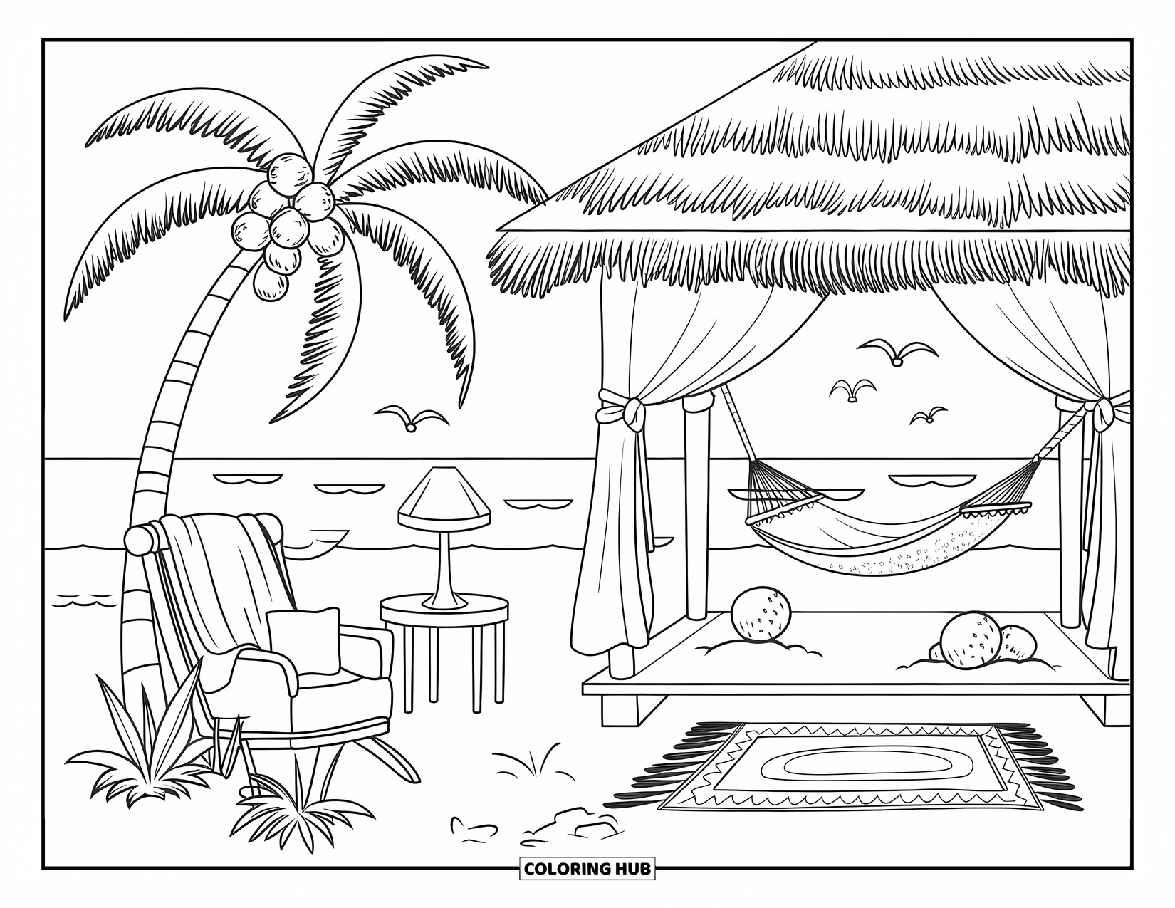 Beach Summer Coloring Page for Kids: A sunny beach cabana with a hammock, wooden table, and ocean view