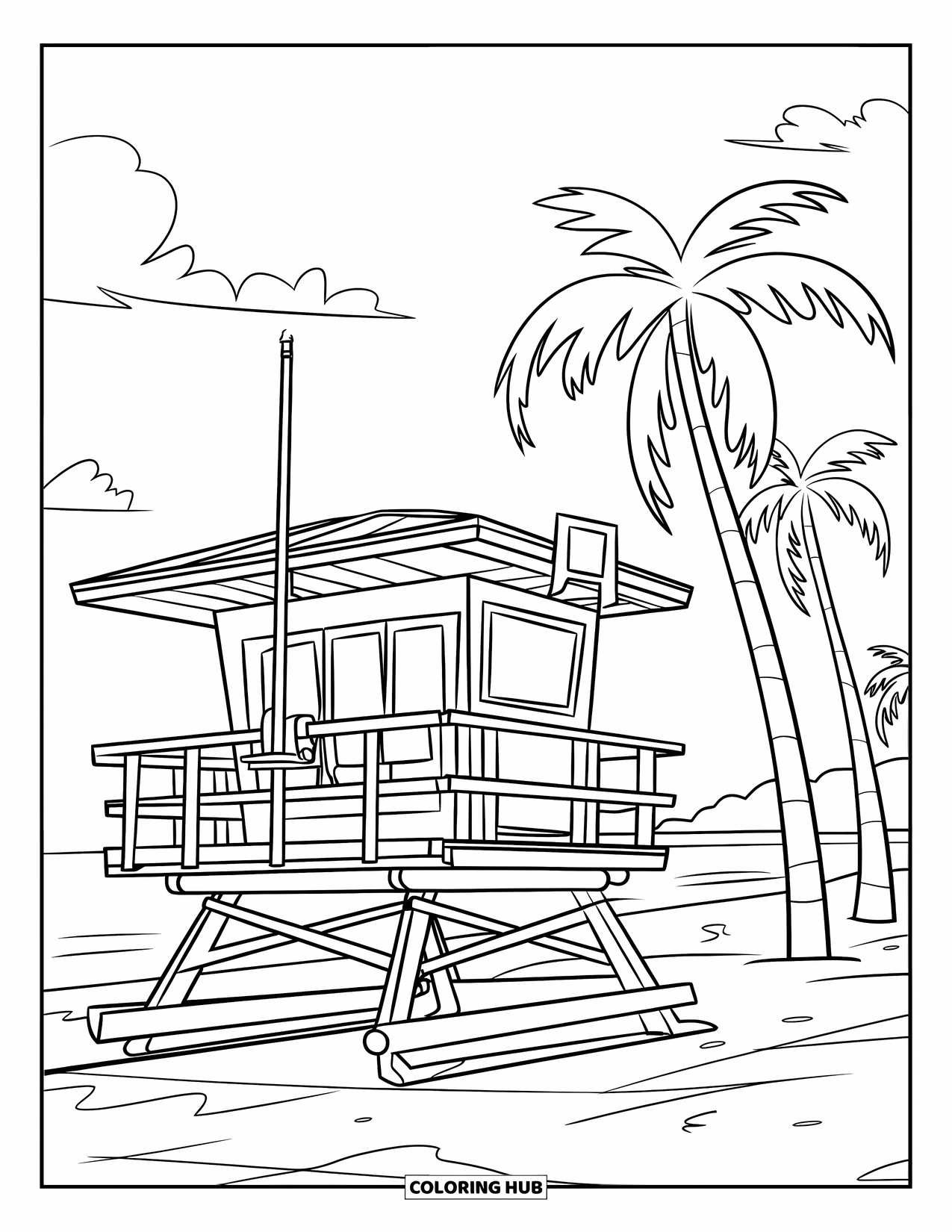 Beach Summer Coloring Page for Kids: A tall lifeguard tower watching over palm trees and calm waves