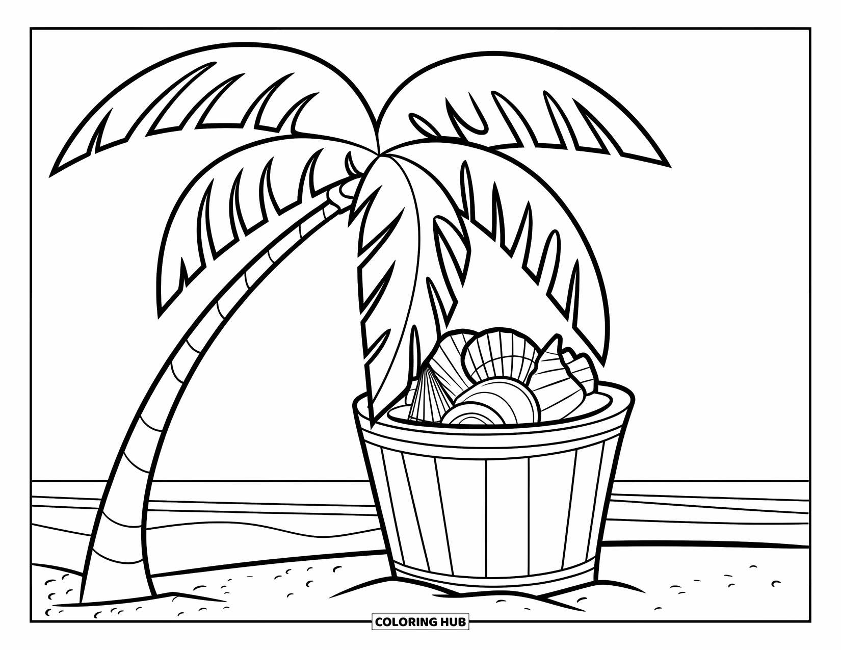 Beach Summer Coloring Page for Kids: A tall palm tree beside a bucket filled with pretty shells