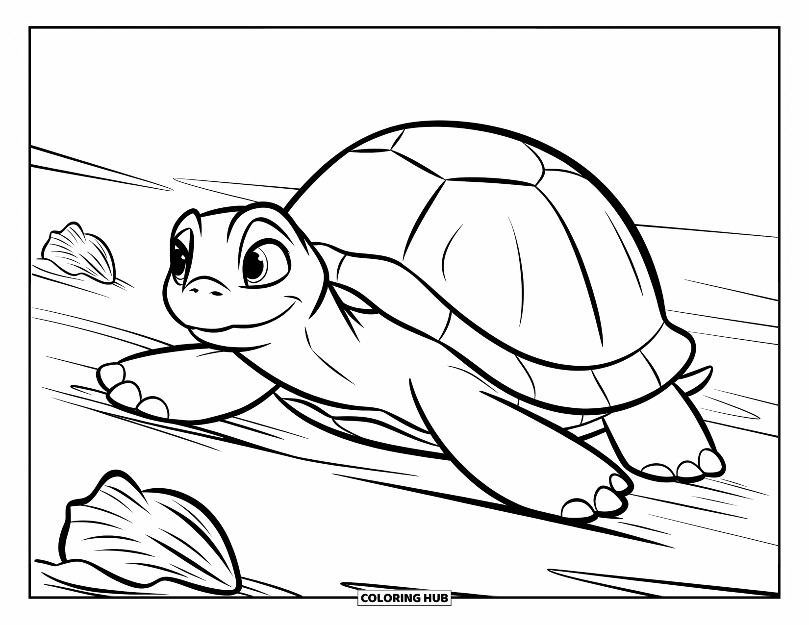 Beach Summer Coloring Page for Kids: A turtle slowly crawling along the warm sandy shore