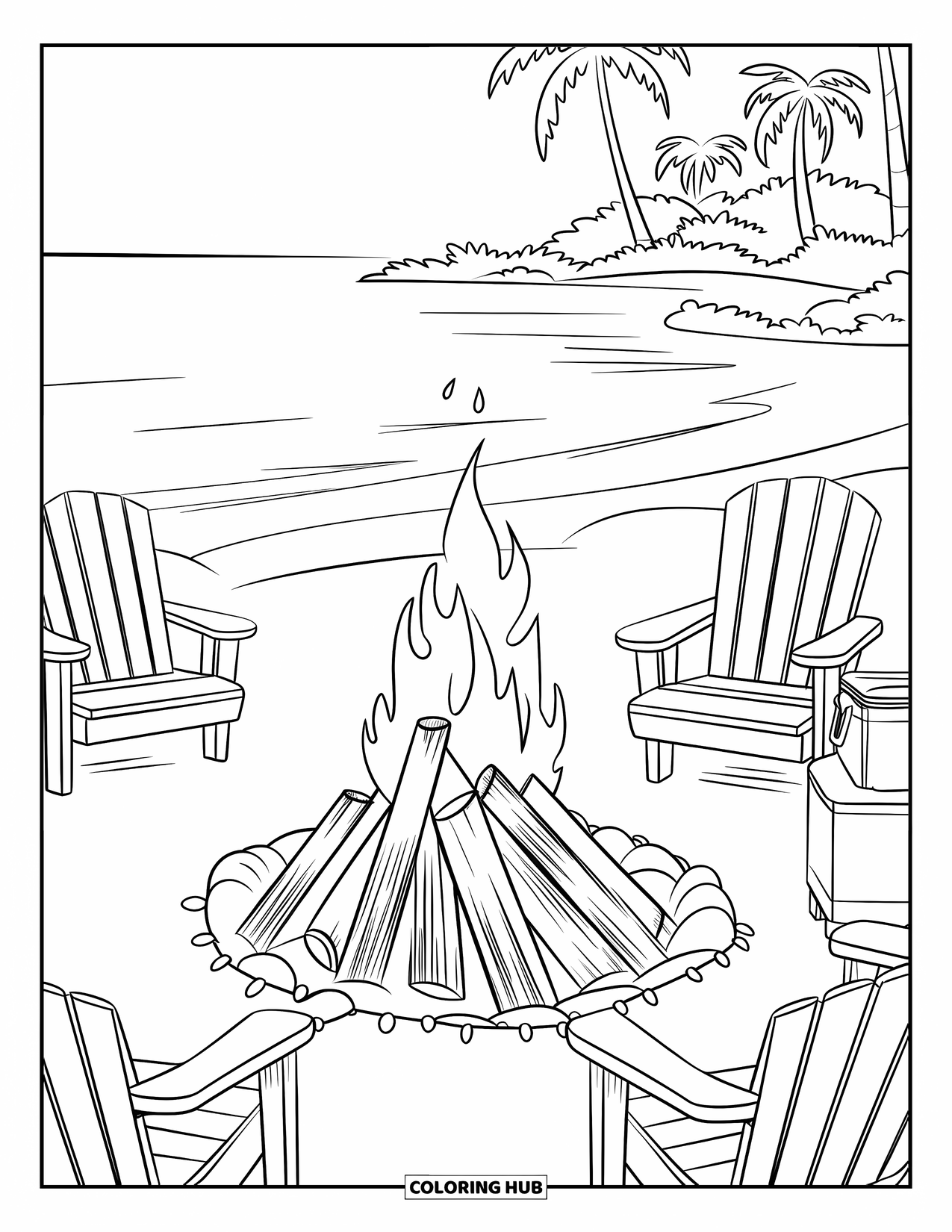 Beach Summer Coloring Page for Kids: A warm bonfire on the beach with chairs and twinkling lights