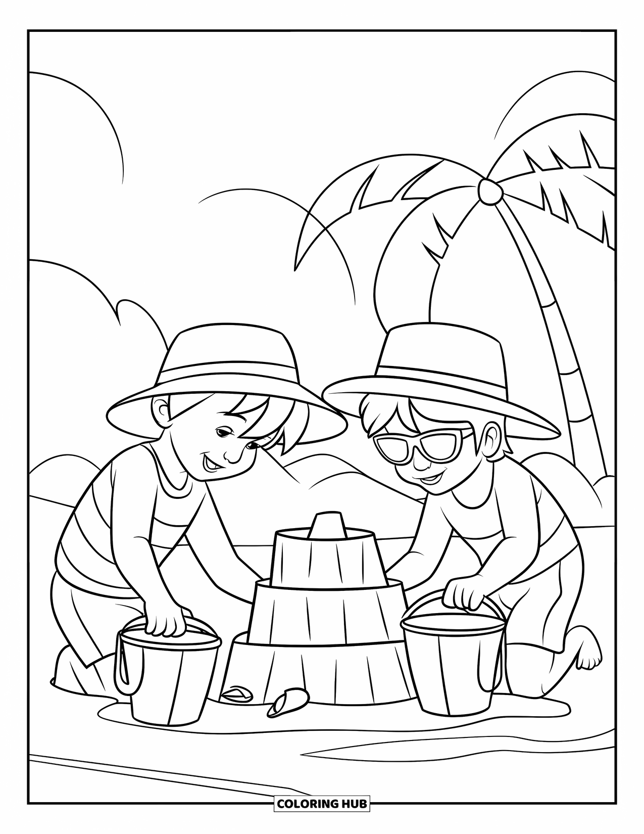 Beach Summer Coloring Page for Kids: Children wearing hats building a sandcastle under the summer sun