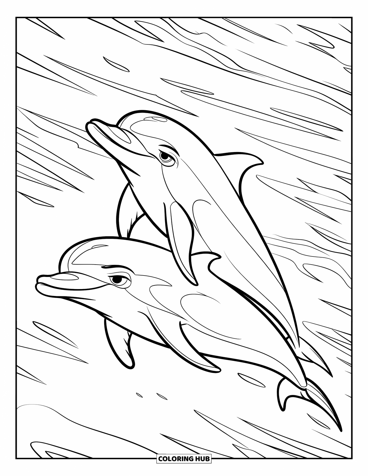 Beach Summer Coloring Page for Kids: Dolphins leaping through foamy ocean waves under the summer sun