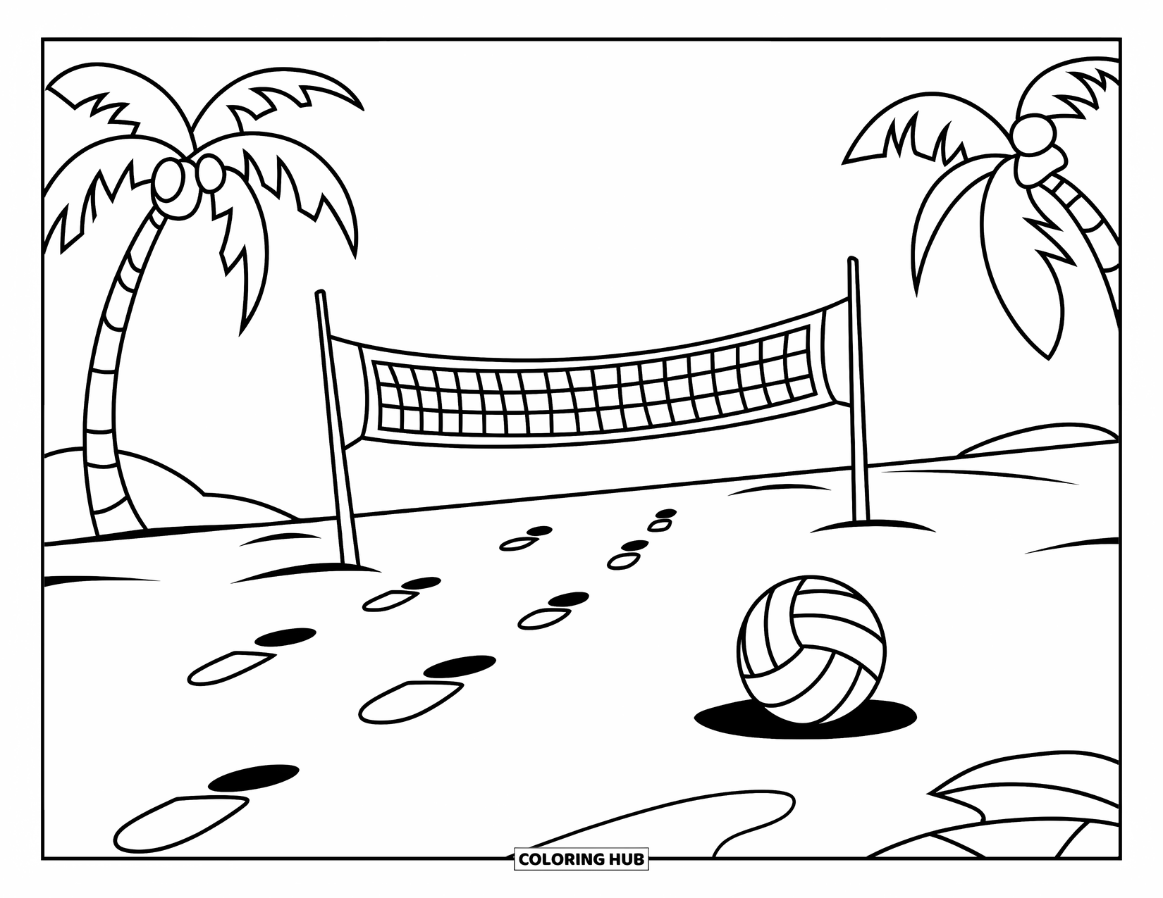 Beach Summer Coloring Page for Kids: Footprints lead to a volleyball net under the clear blue sky