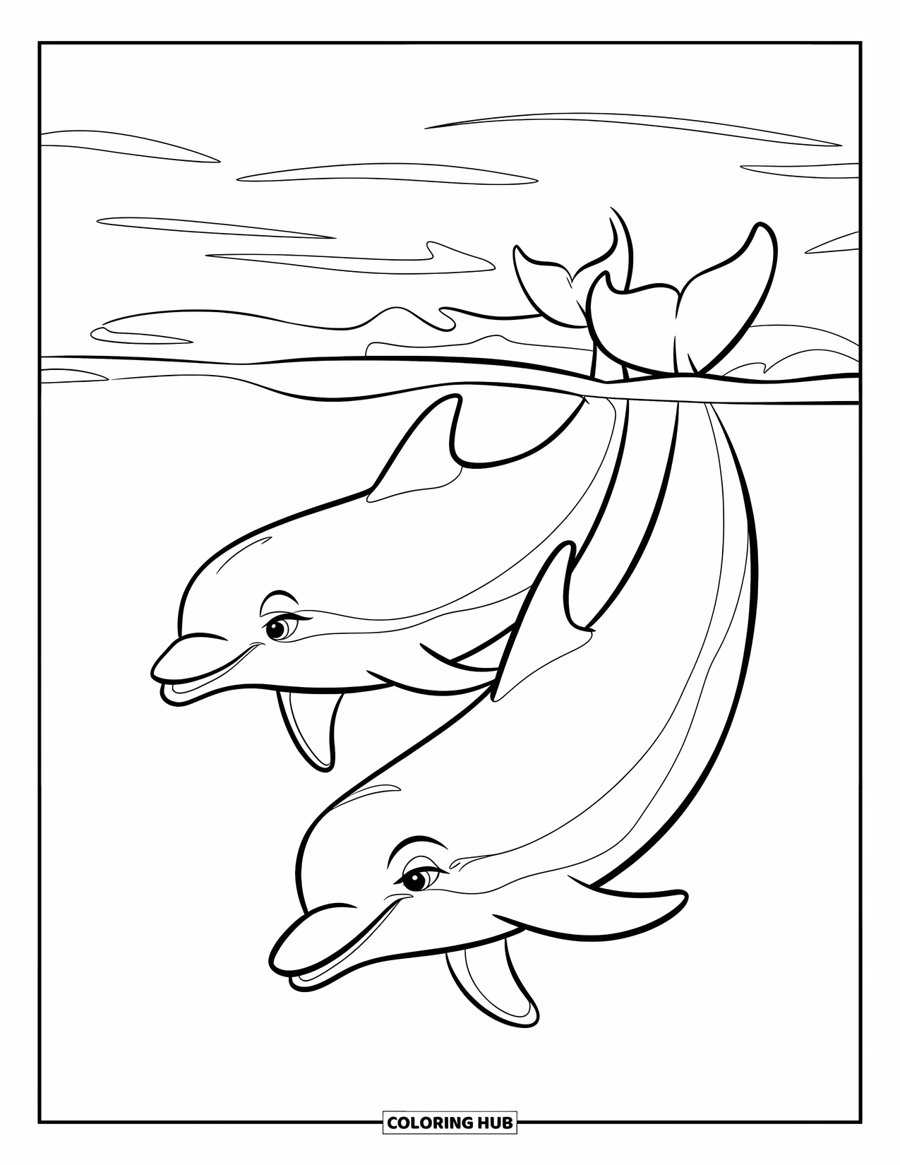 Beach Summer Coloring Page for Kids: Two dolphins gliding side by side in calm blue water