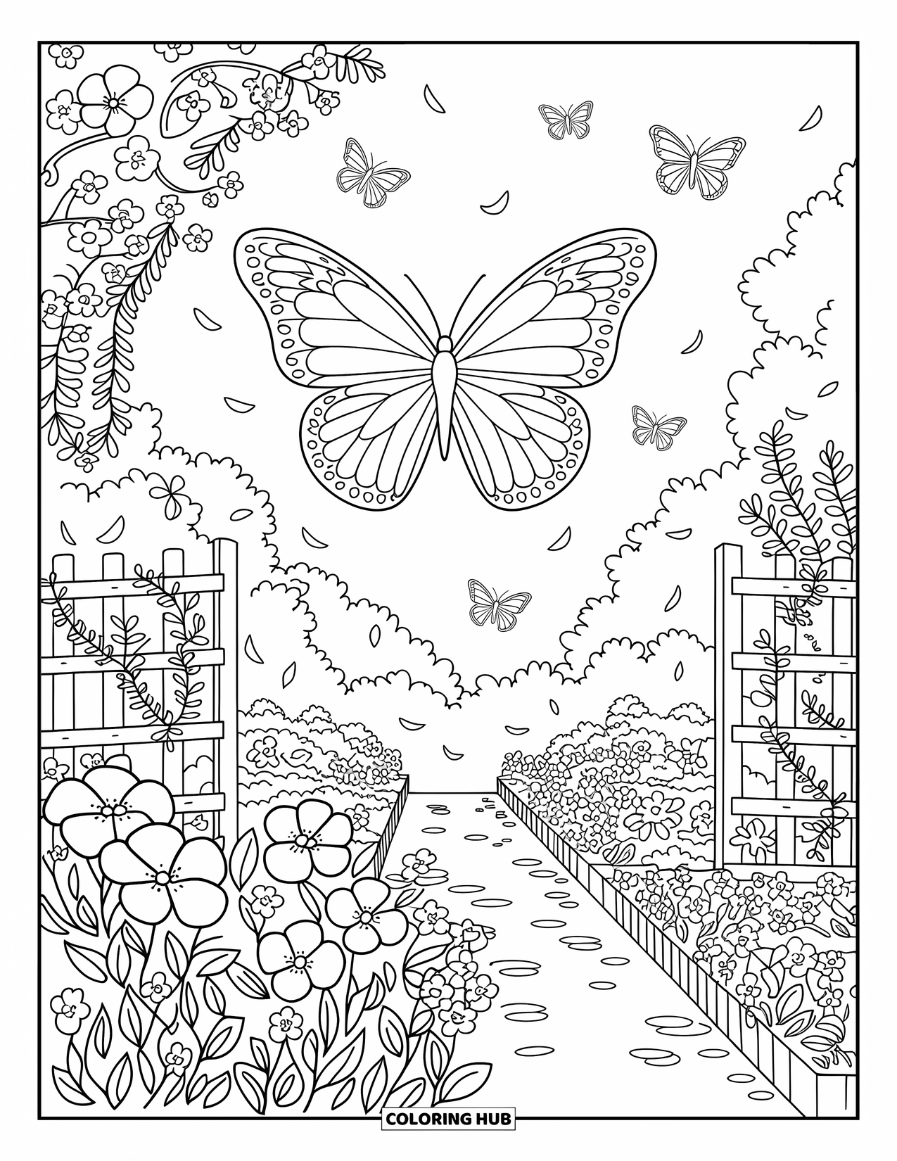 Blue Coloring Page for Adults: A bright garden filled with butterflies, flowers, and drifting petals in the breeze