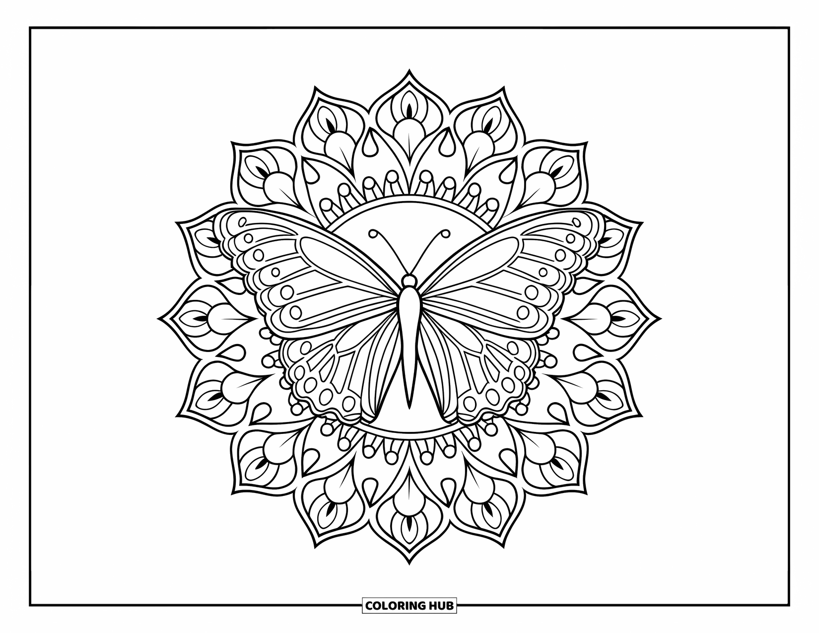 Blue Coloring Page for Adults: A butterfly resting in the center of a floral mandala filled with detailed petals