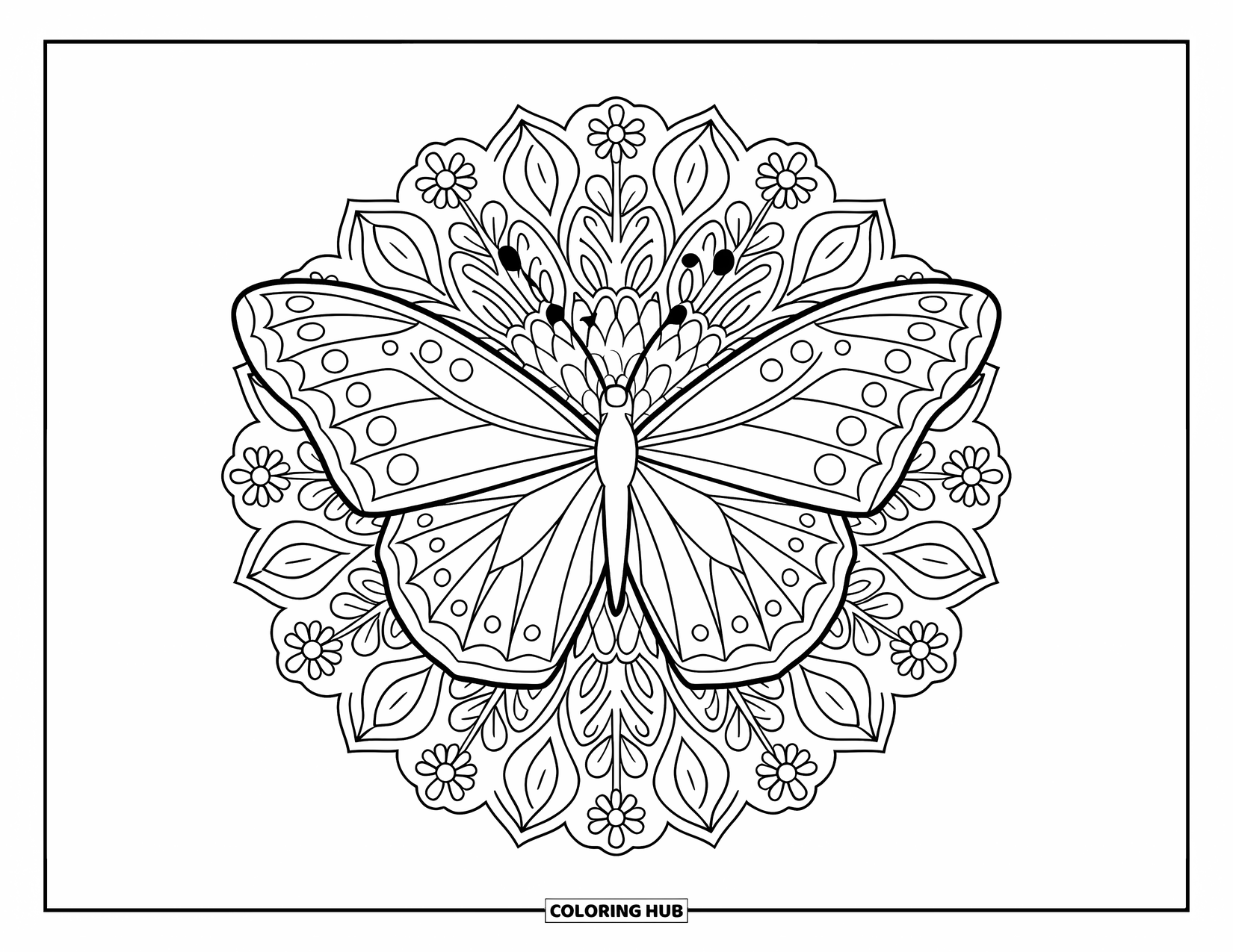 Blue Coloring Page for Adults: A butterfly spreading its wings amid an intricate mandala of flowers and vines