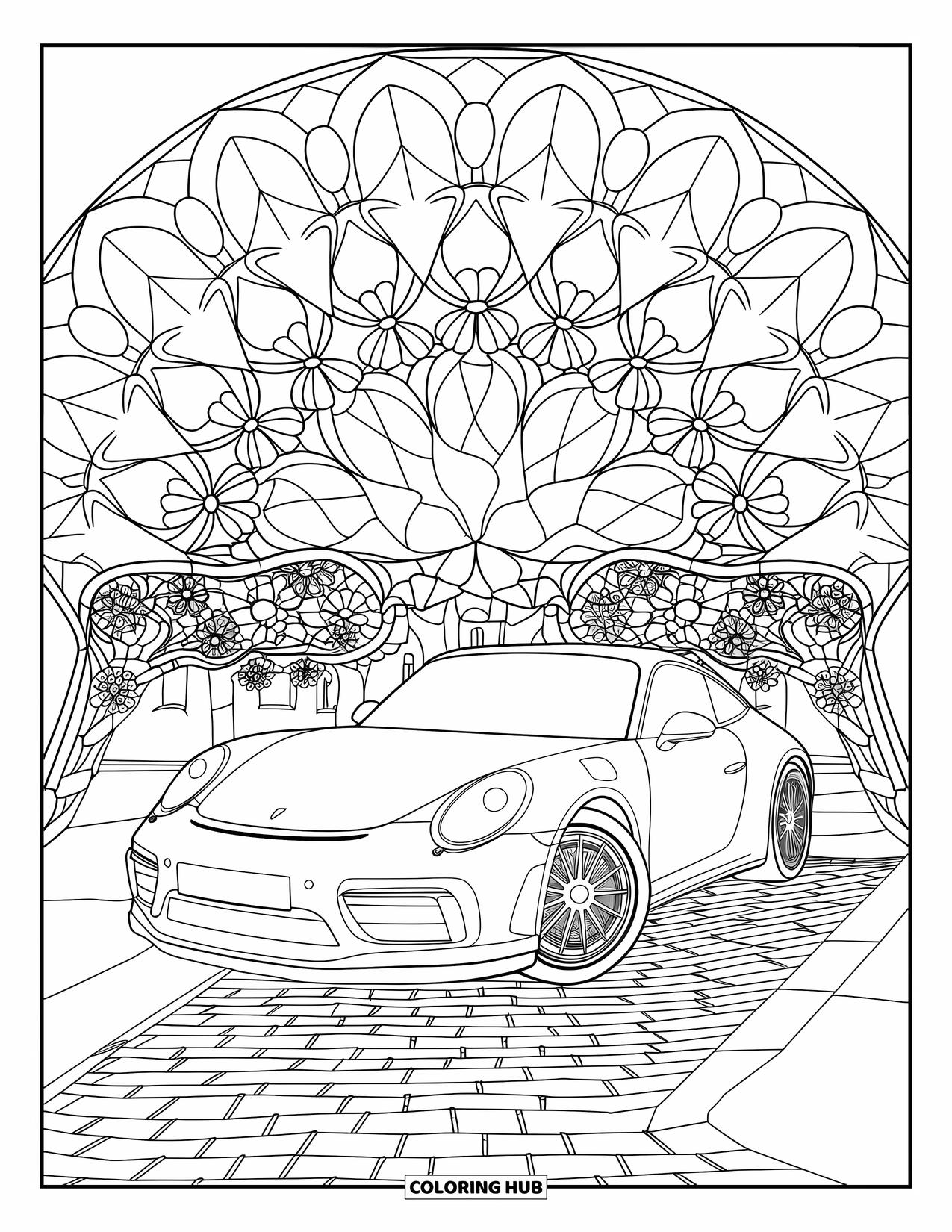 Blue Coloring Page for Adults: A car parked on cobblestone surrounded by floral stained glass and arches
