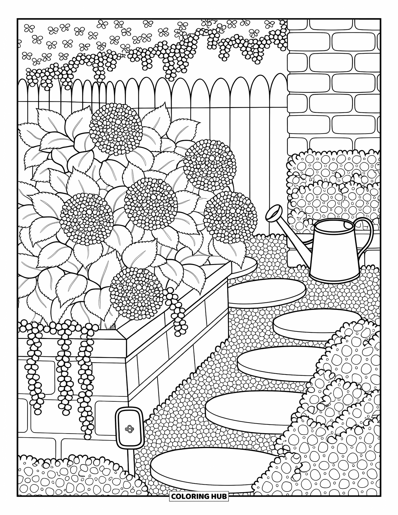 Blue Coloring Page for Adults: A cozy garden corner with hydrangeas, ivy fences, and a winding path