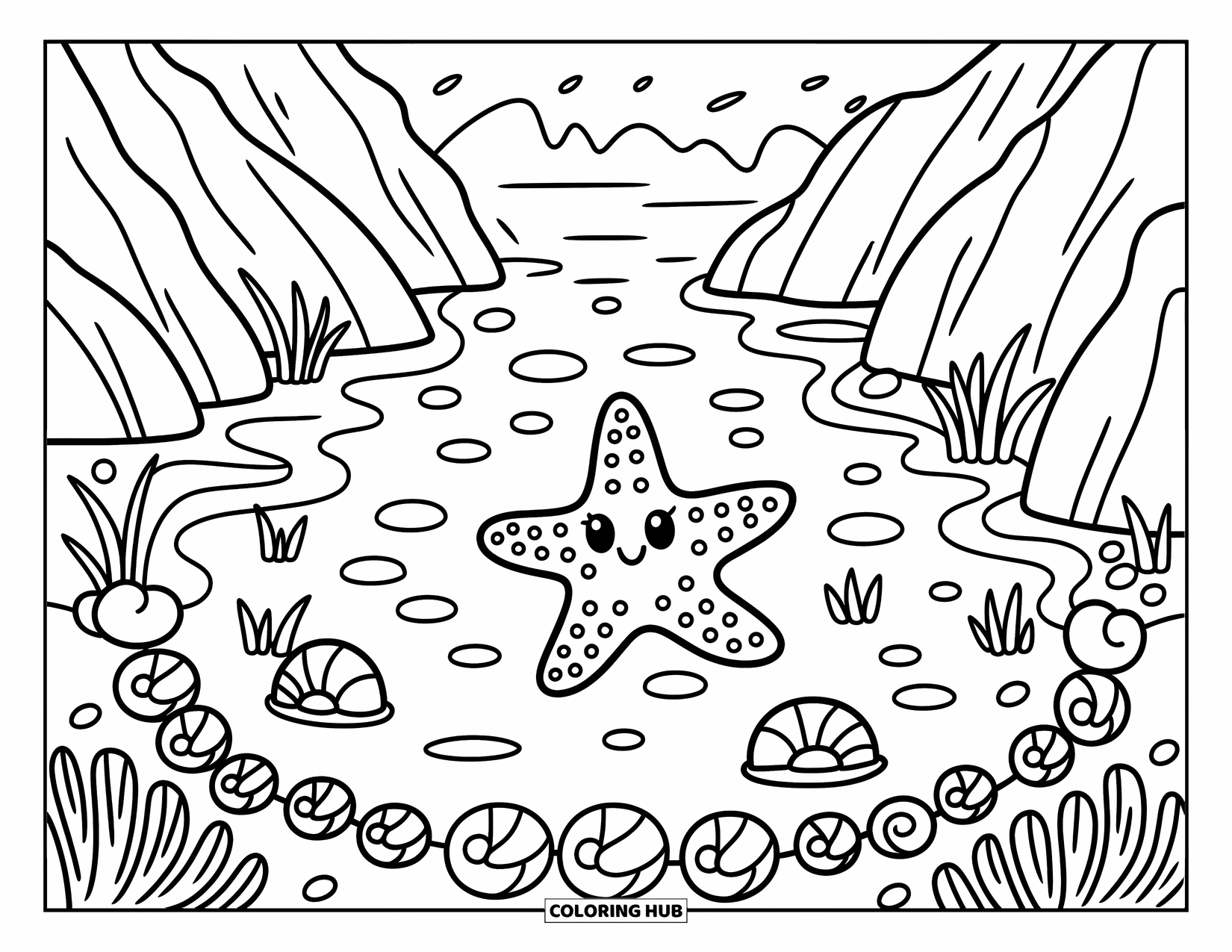 Blue Coloring Page for Adults: A cute starfish resting among pebbles and shells in a sunny tide pool