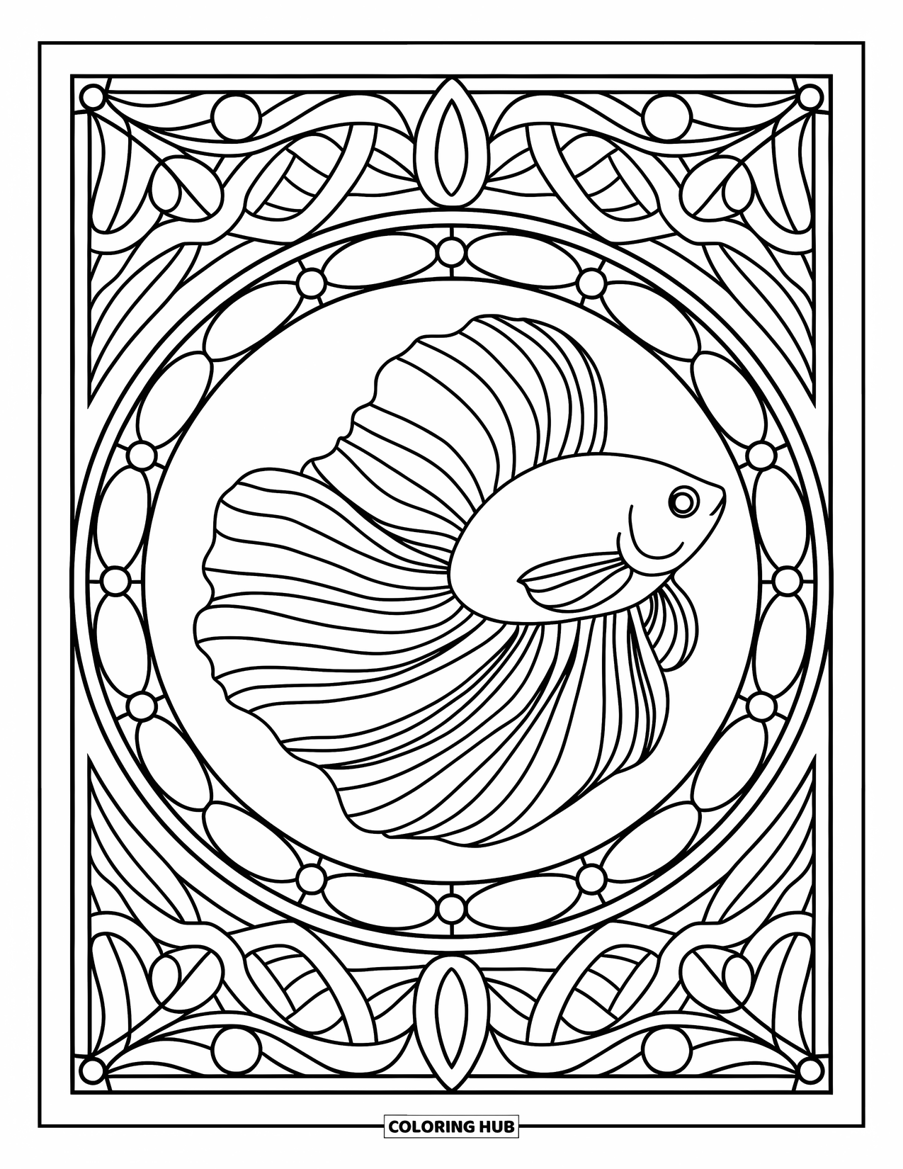 Blue Coloring Page for Adults: A flowing betta fish inside a stained glass circle with detailed floral patterns