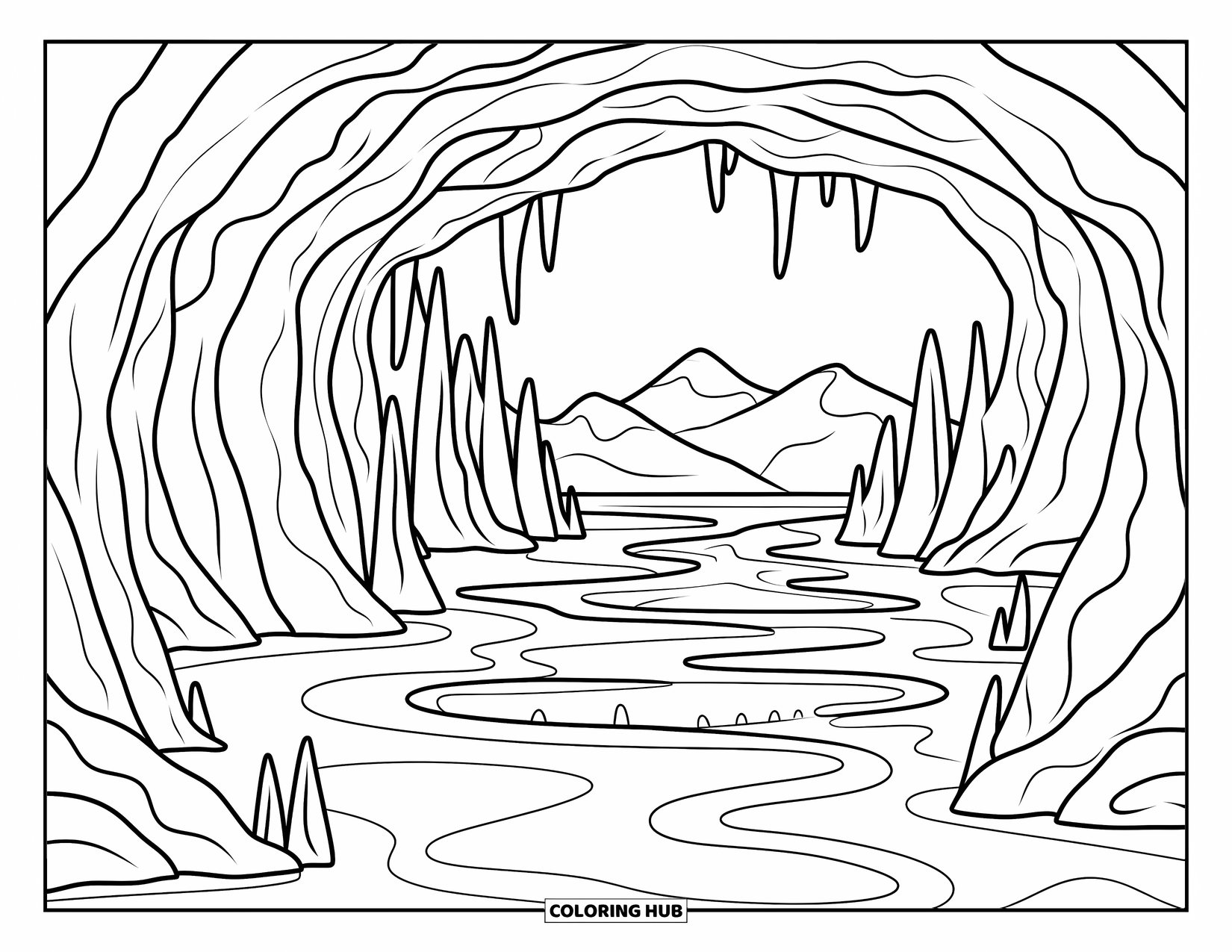 Blue Coloring Page for Adults: A frozen cave with hanging icicles, smooth floors, and a mountain view beyond