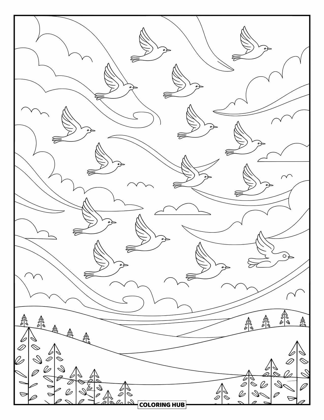 Blue Coloring Page for Adults: A group of birds soaring among clouds and trees under a warm sky