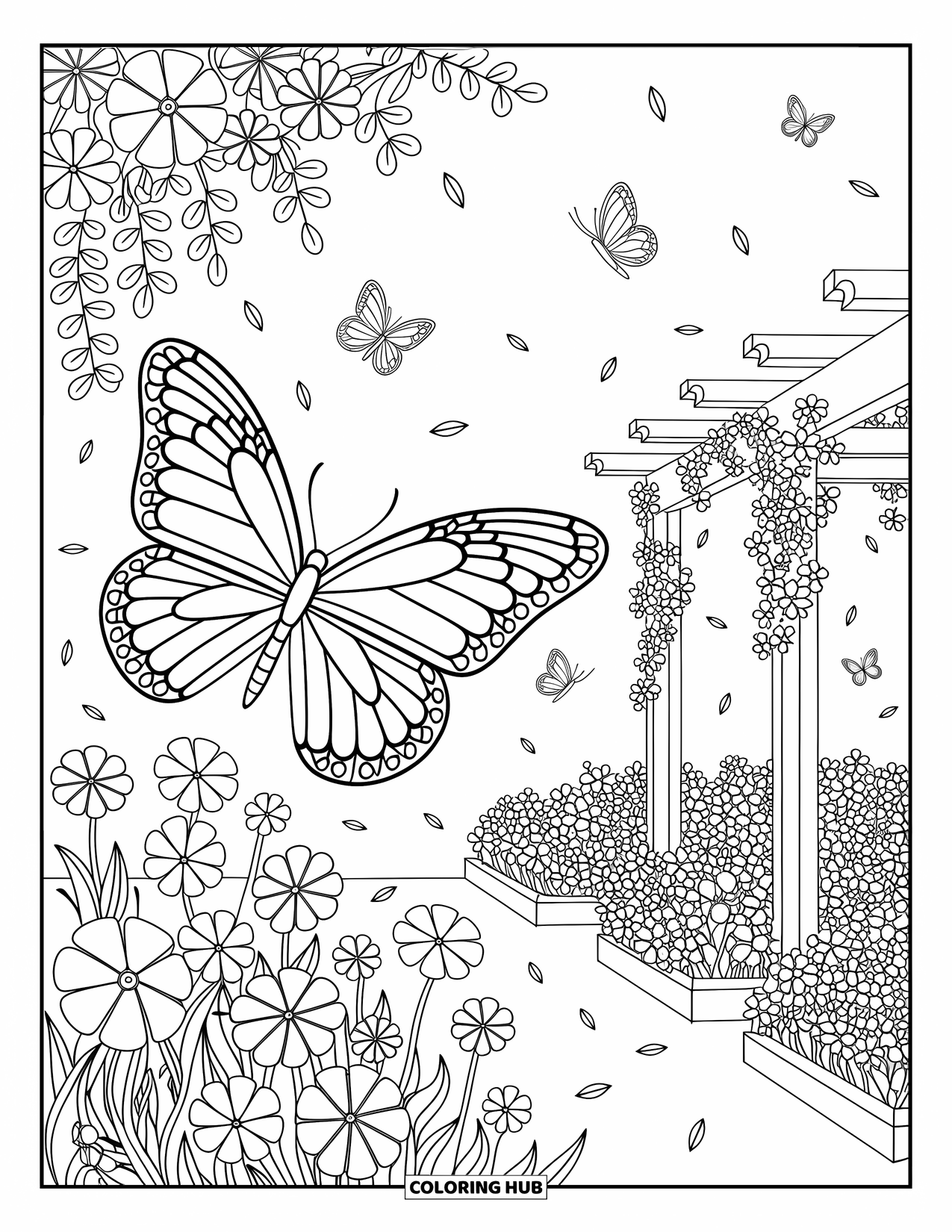 Blue Coloring Page for Adults: A large butterfly hovering above flowers in a peaceful blooming garden