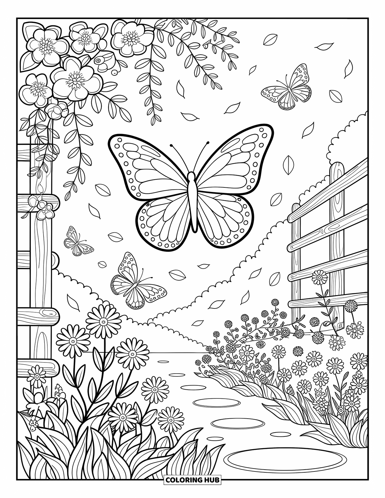 Blue Coloring Page for Adults: A lovely garden scene with butterflies, flowers, and vines dancing in sunlight