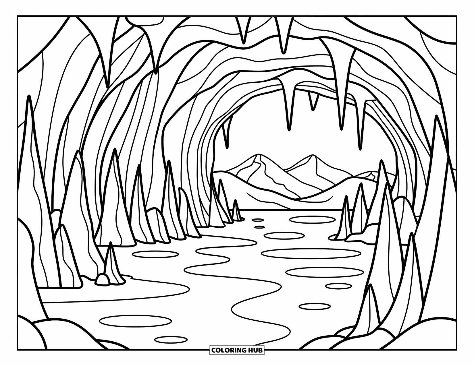 Blue Coloring Page for Adults: A magical ice cave filled with sparkling columns, arches, and shimmering pools