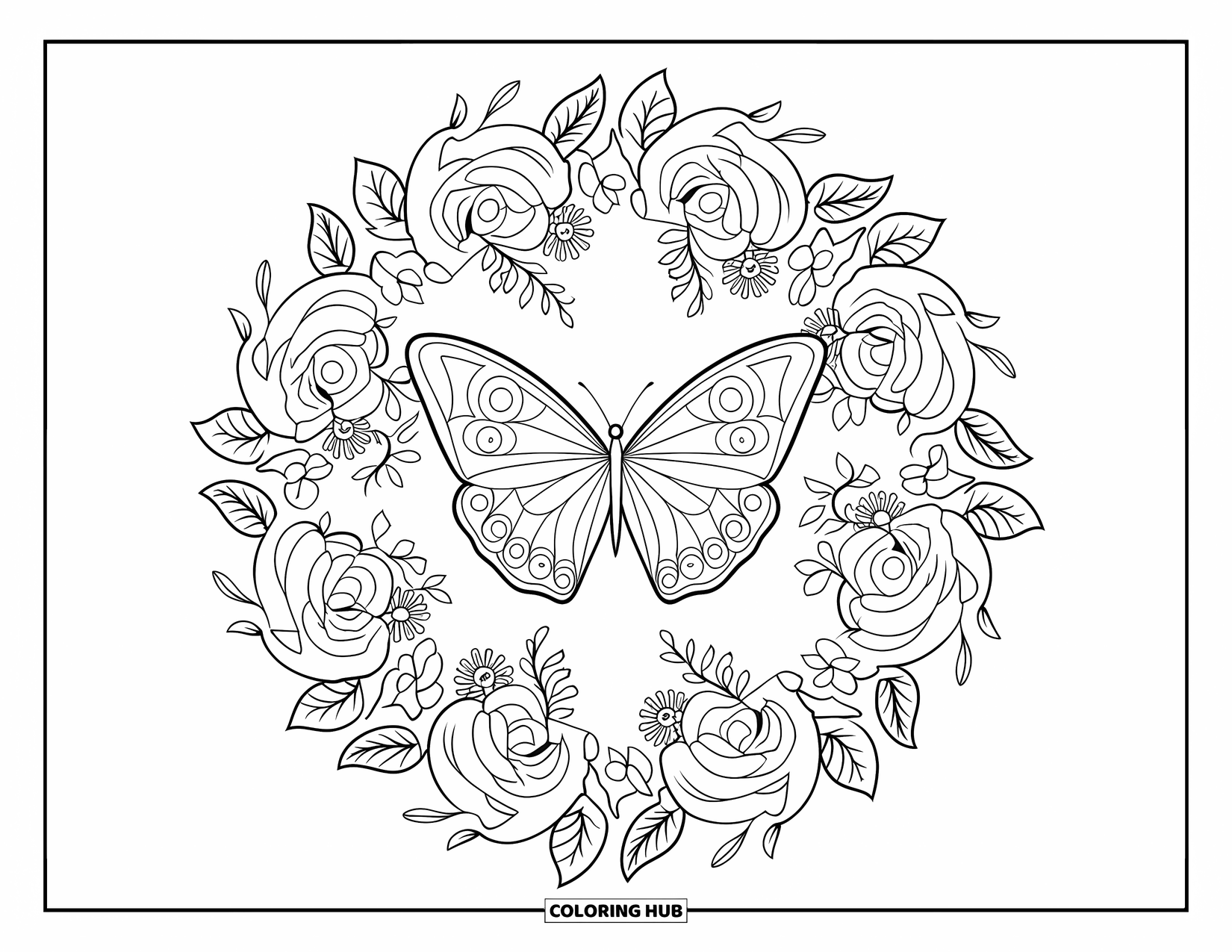 Blue Coloring Page for Adults: A morpho butterfly surrounded by blooming roses and flowers in a floral mandala frame