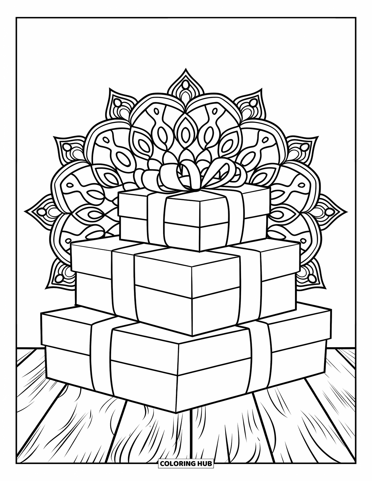 Blue Coloring Page for Adults: A neat stack of ribbon-wrapped gift boxes decorated with mandala line patterns
