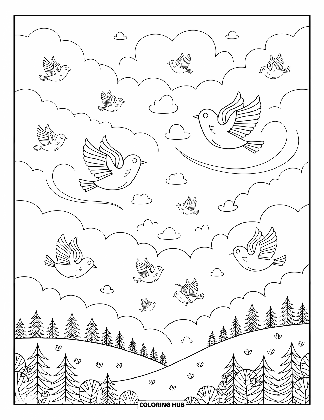 Blue Coloring Page for Adults: A peaceful sky where birds soar through fluffy clouds and gentle breezes
