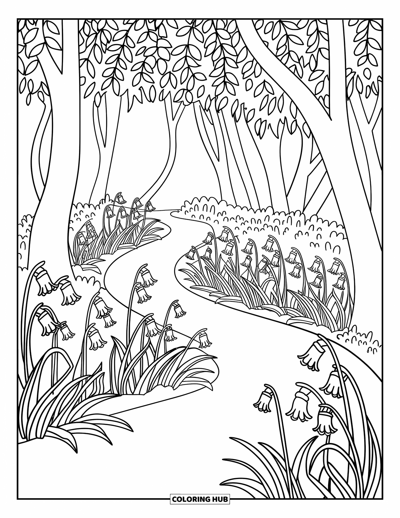 Blue Coloring Page for Adults: A peaceful woodland trail surrounded by bluebells and leafy branches