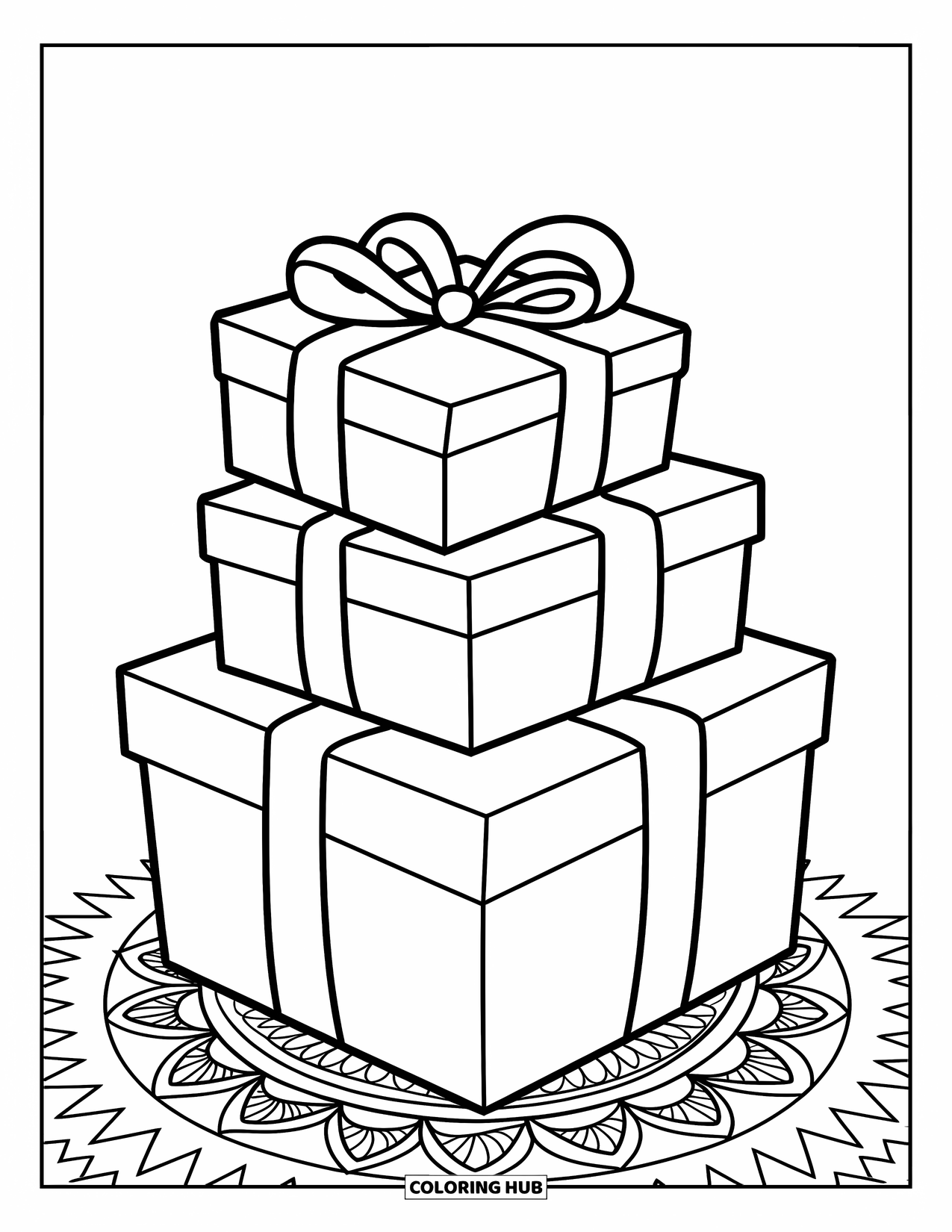 Blue Coloring Page for Adults: A pile of ribbon-tied gifts resting on an ornate patterned surface