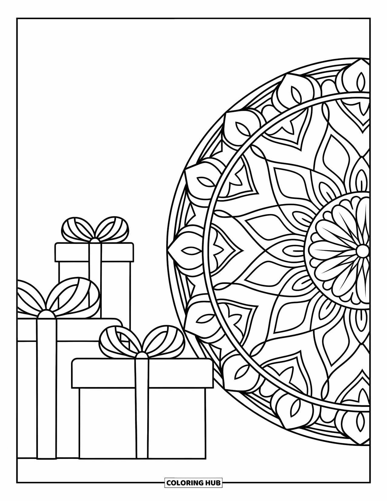 Blue Coloring Page for Adults: A stack of gift boxes beside a large decorative mandala with intricate shapes