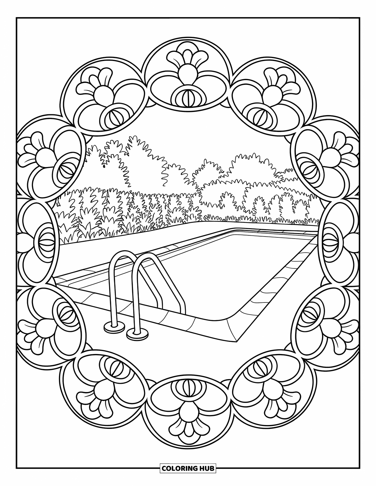 Blue Coloring Page for Adults: A swimming pool surrounded by a circular floral mandala and leafy trees