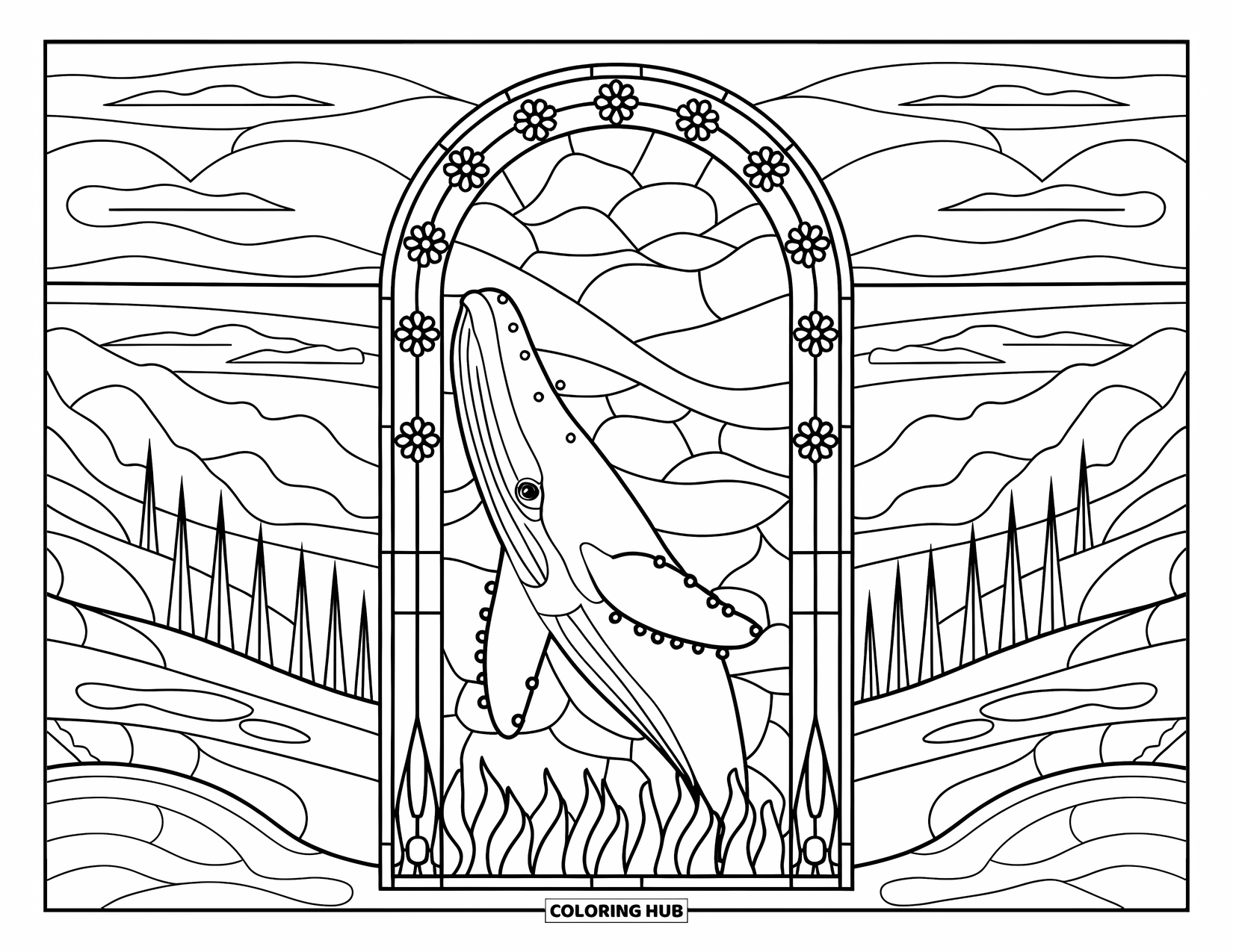 Blue Coloring Page for Adults: A whale swimming upward through a stained glass arch filled with floral patterns