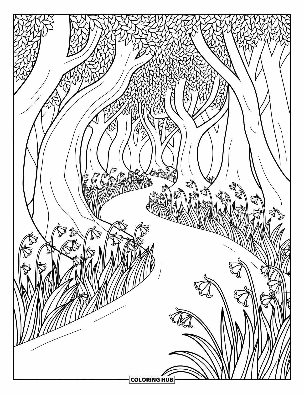 Blue Coloring Page for Adults: A winding woodland path framed by trees and clusters of bluebells