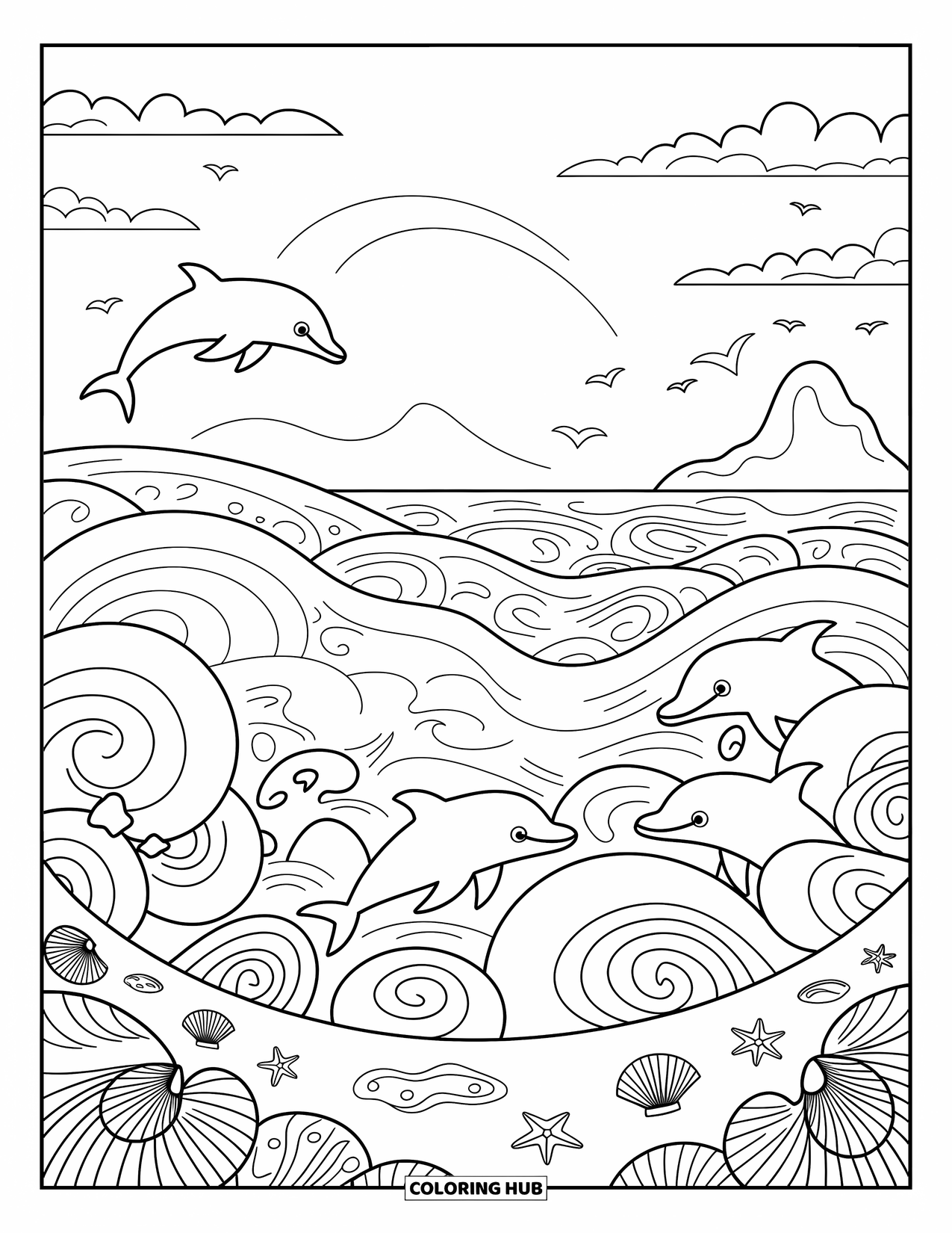Blue Coloring Page for Adults: Graceful dolphins swimming and leaping through calm, sparkling sea waves