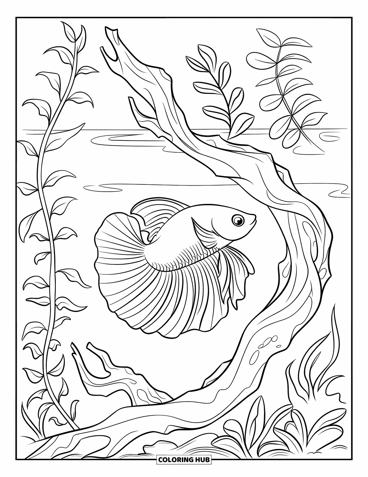 Blue Coloring Page for Kids: A betta fish gliding through wavy plants and twisted driftwood underwater