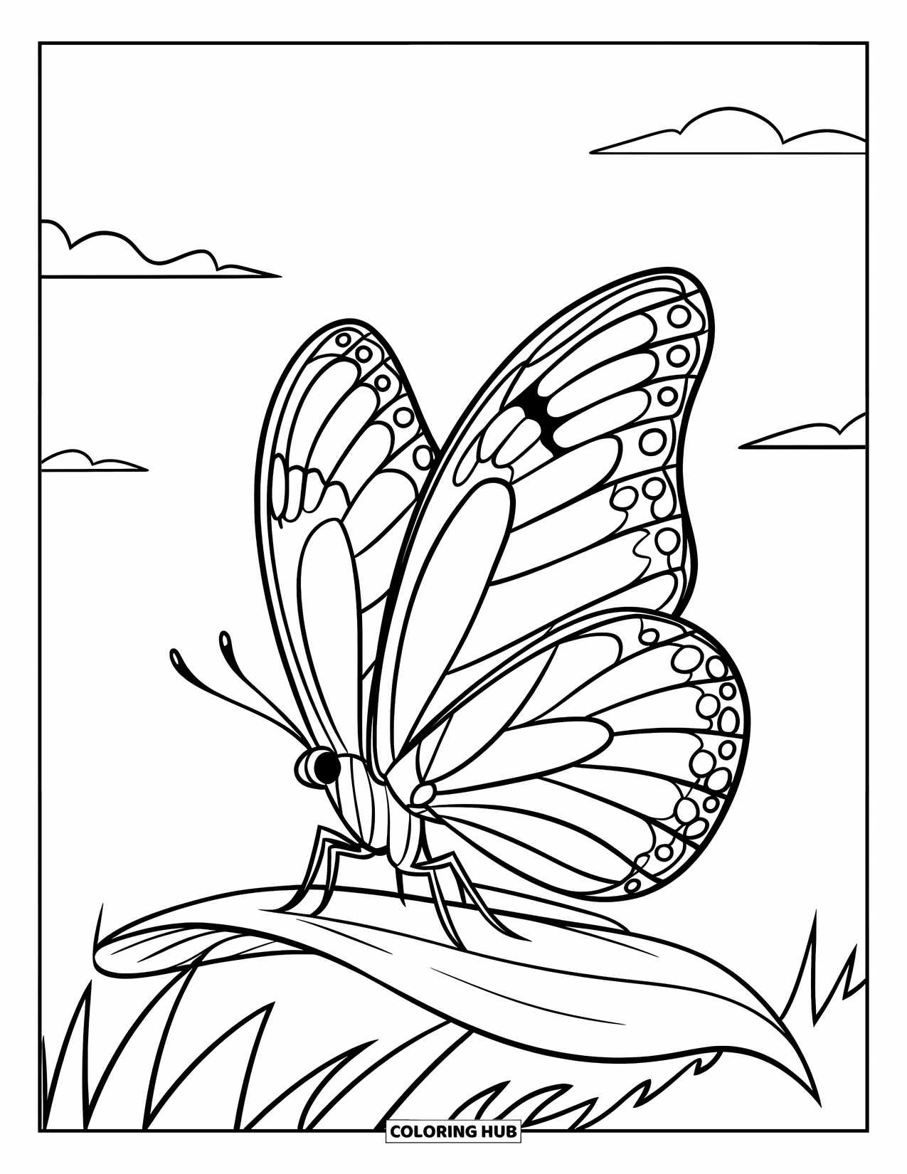 Blue Coloring Page for Kids: A blue butterfly resting on a green leaf under a bright sky