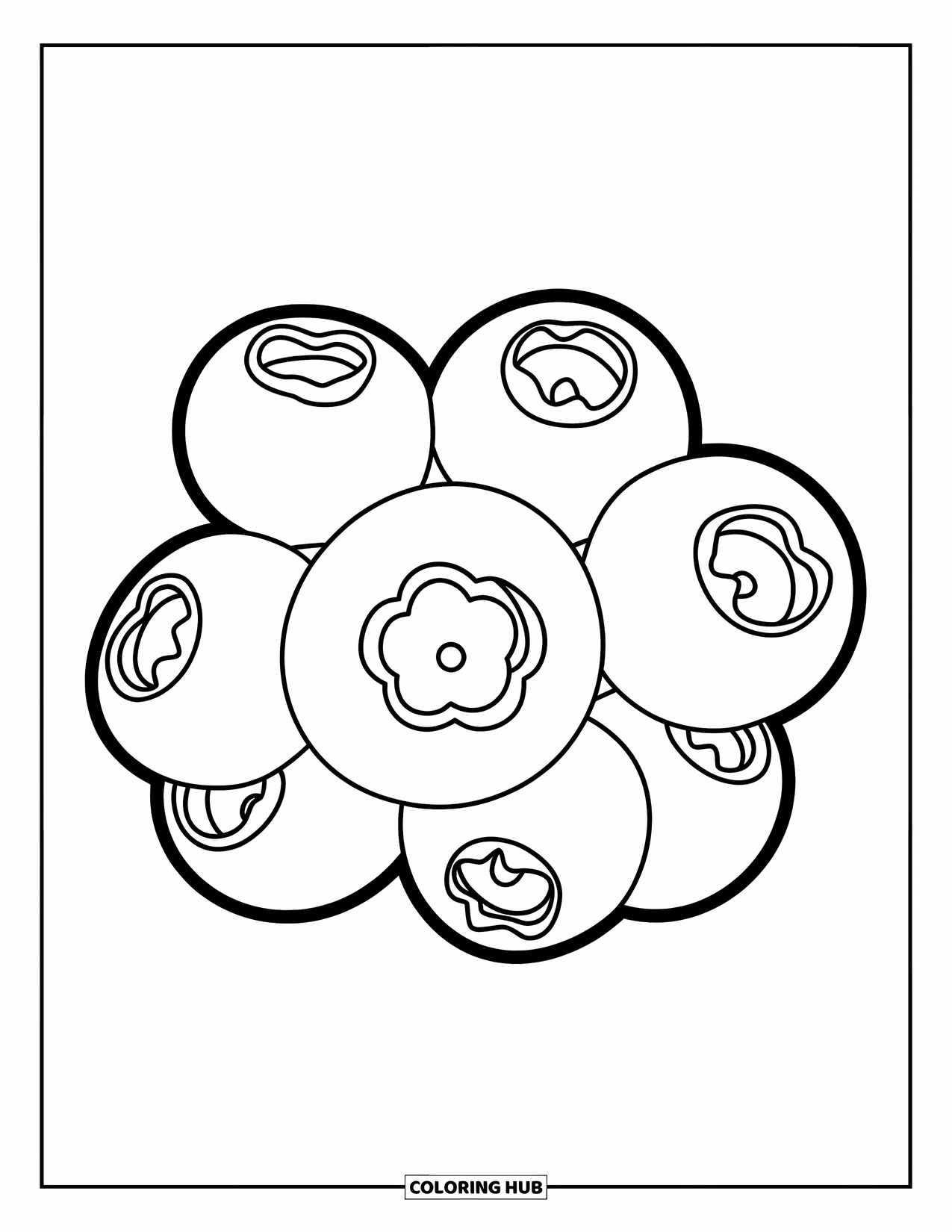 Blue Coloring Page for Kids: A bunch of blueberries drawn with big, plump shapes