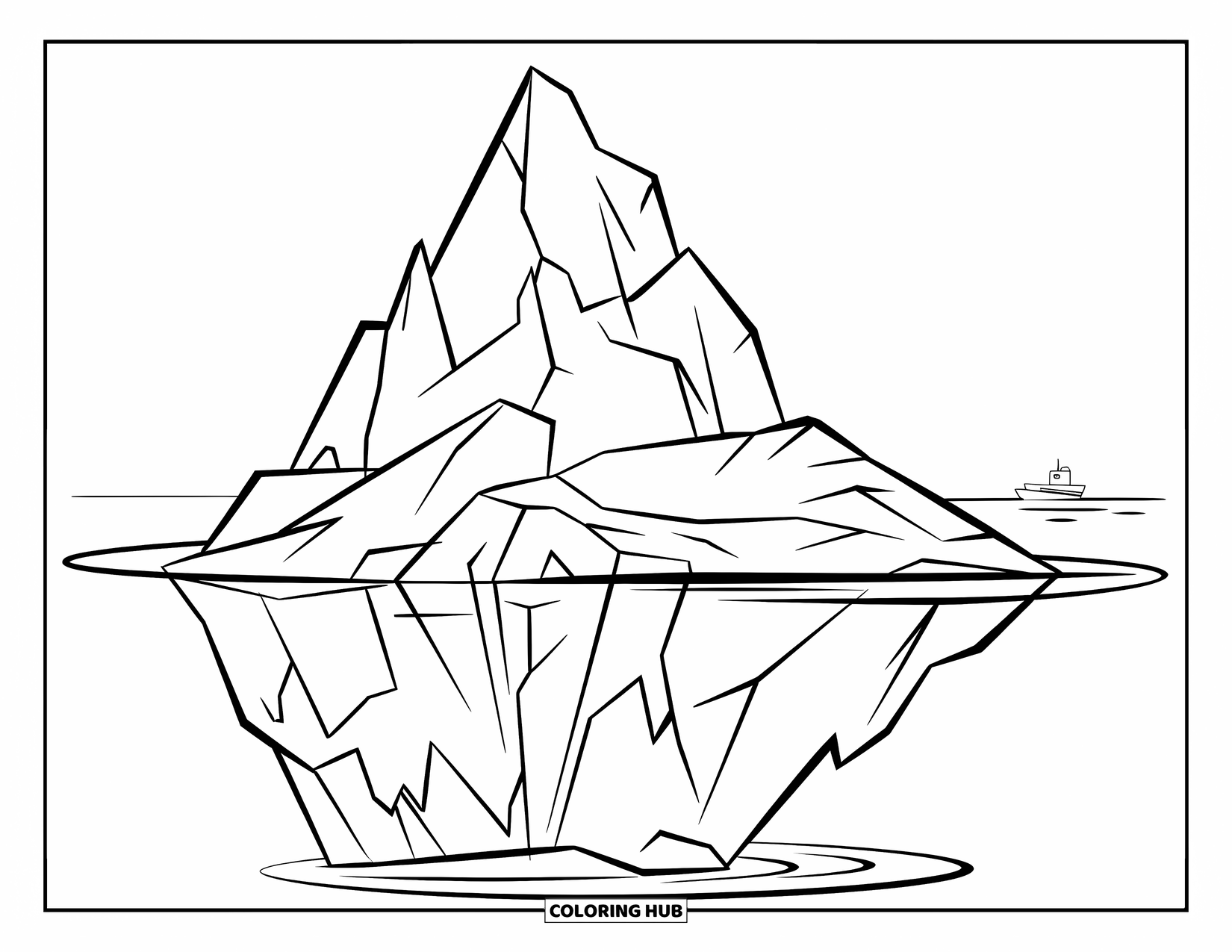 Blue Coloring Page for Kids: A calm ocean view with a simple iceberg floating peacefully