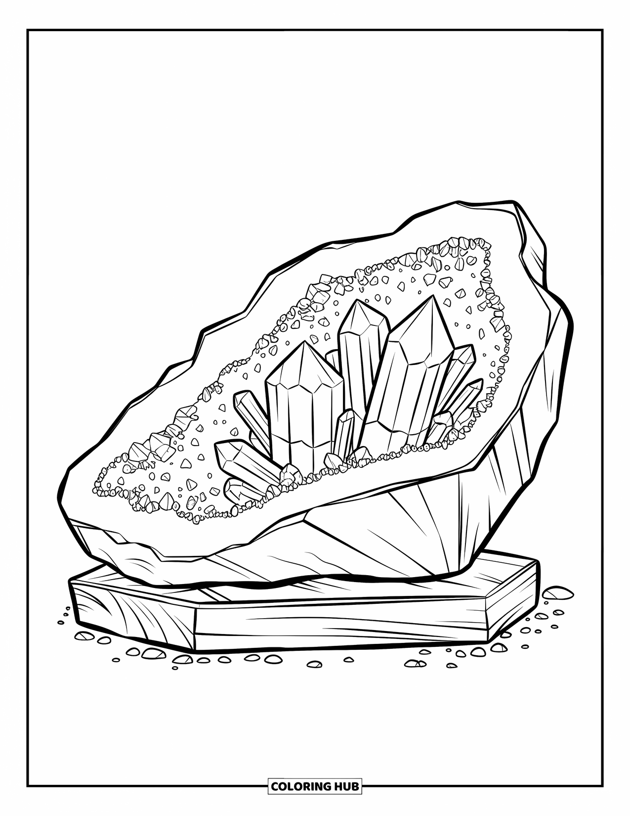 Blue Coloring Page for Kids: A crystal-filled geode resting on a wooden base surrounded by pebbles