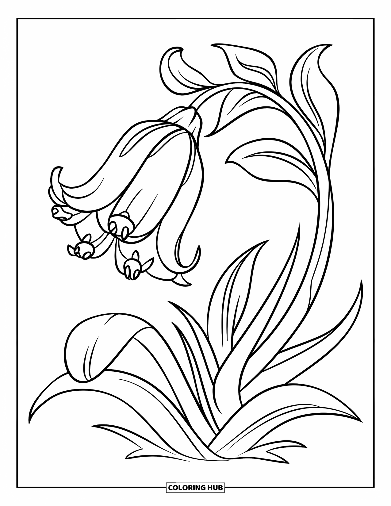Blue Coloring Page for Kids: A curving bluebell flower surrounded by green leaves and twists