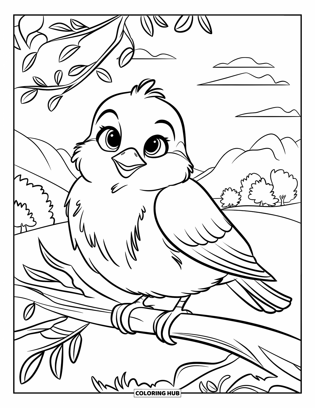 Blue Coloring Page for Kids: A cute bluebird resting on a branch overlooking mountains and clouds