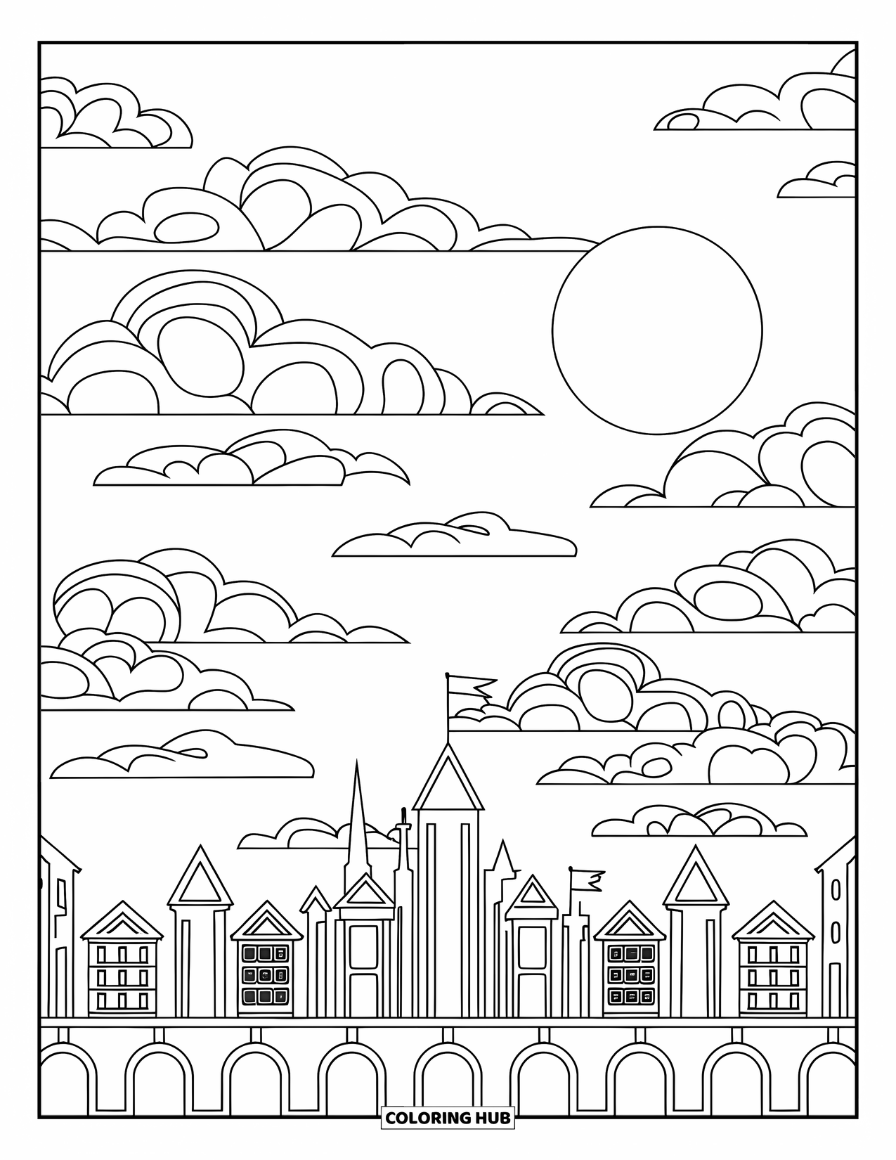 Blue Coloring Page for Kids: A dreamy skyline with a glowing moon and fluffy clouds filling the night sky