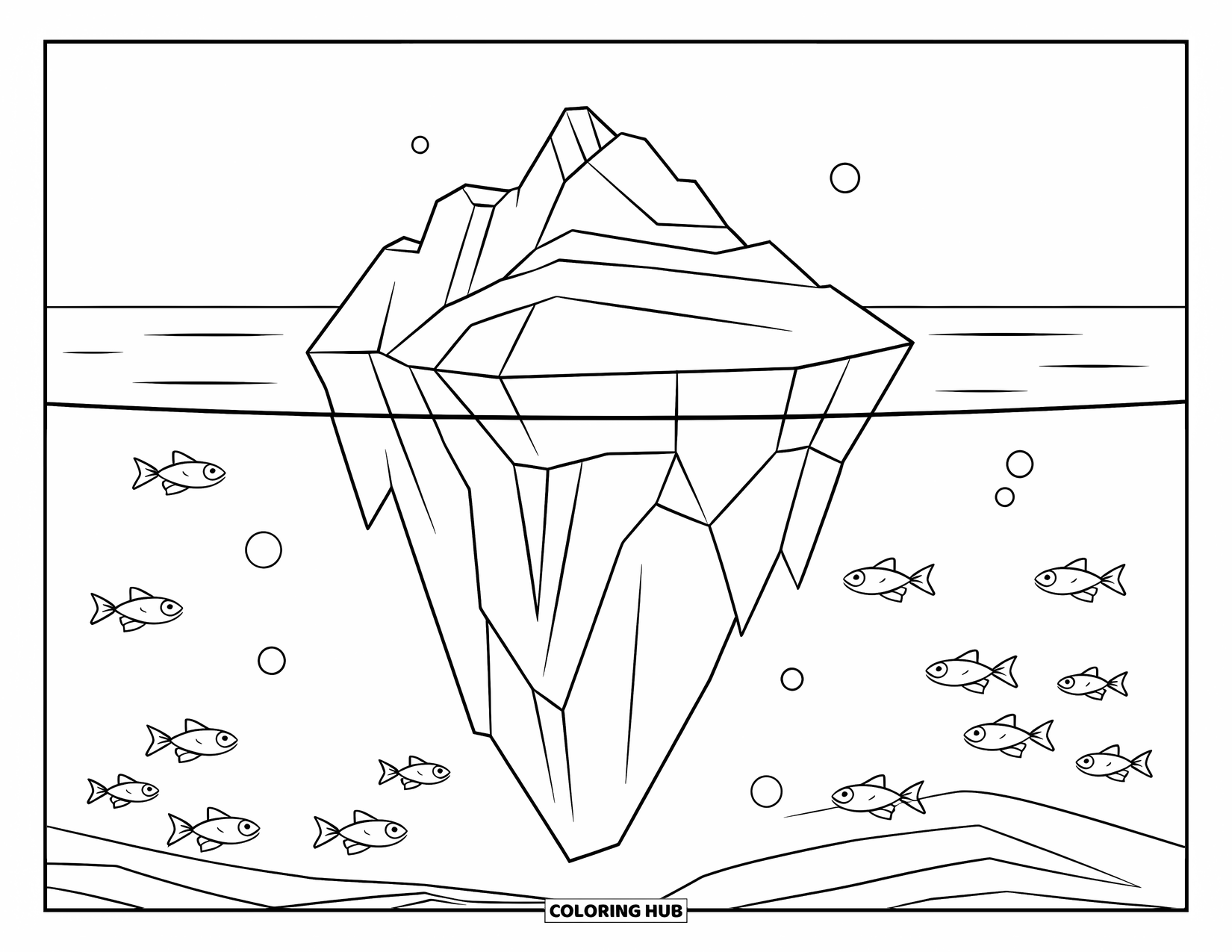 Blue Coloring Page for Kids: A flat iceberg surrounded by calm sea and swimming fish