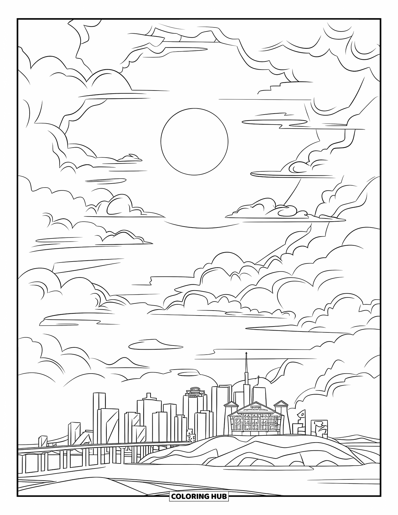Blue Coloring Page for Kids: A glowing moon above a busy city skyline with tall buildings and clouds